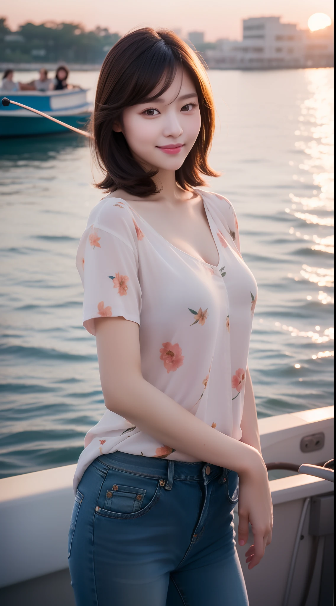 realistic photos of 1 cute Korean star, shoulder-length hair, white skin, thin makeup, 32 inch breasts size, slightly smile, wearing flowers pattern shirt, jeans pants, in the boat, sunset light, upper body portrait, UHD