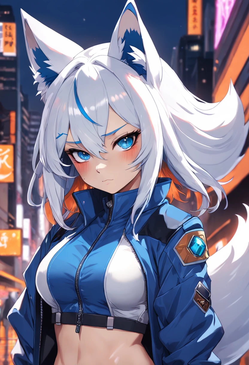 imagem estilo anime, an anthropomorphic cyberpunk fox, Retrato de personagem peludo, badass anime 8 k, Gatilho Estilo de Arte de Anime, anime peludo, Arte peluda!!!, furafinidade peluda, commission on furaffinity, arte fursona, arte peluda muito bonita, arte digital peluda, Retrato de uma raposa antro, alta qualidade,melhor qualidade. The top garment is a white sleeveless blouse with diamond-shaped designs on both sides and a blue wave pattern on the bottom. Este conjunto era originalmente um quimono com mangas longas, alta qualidade, melhor qualidade,