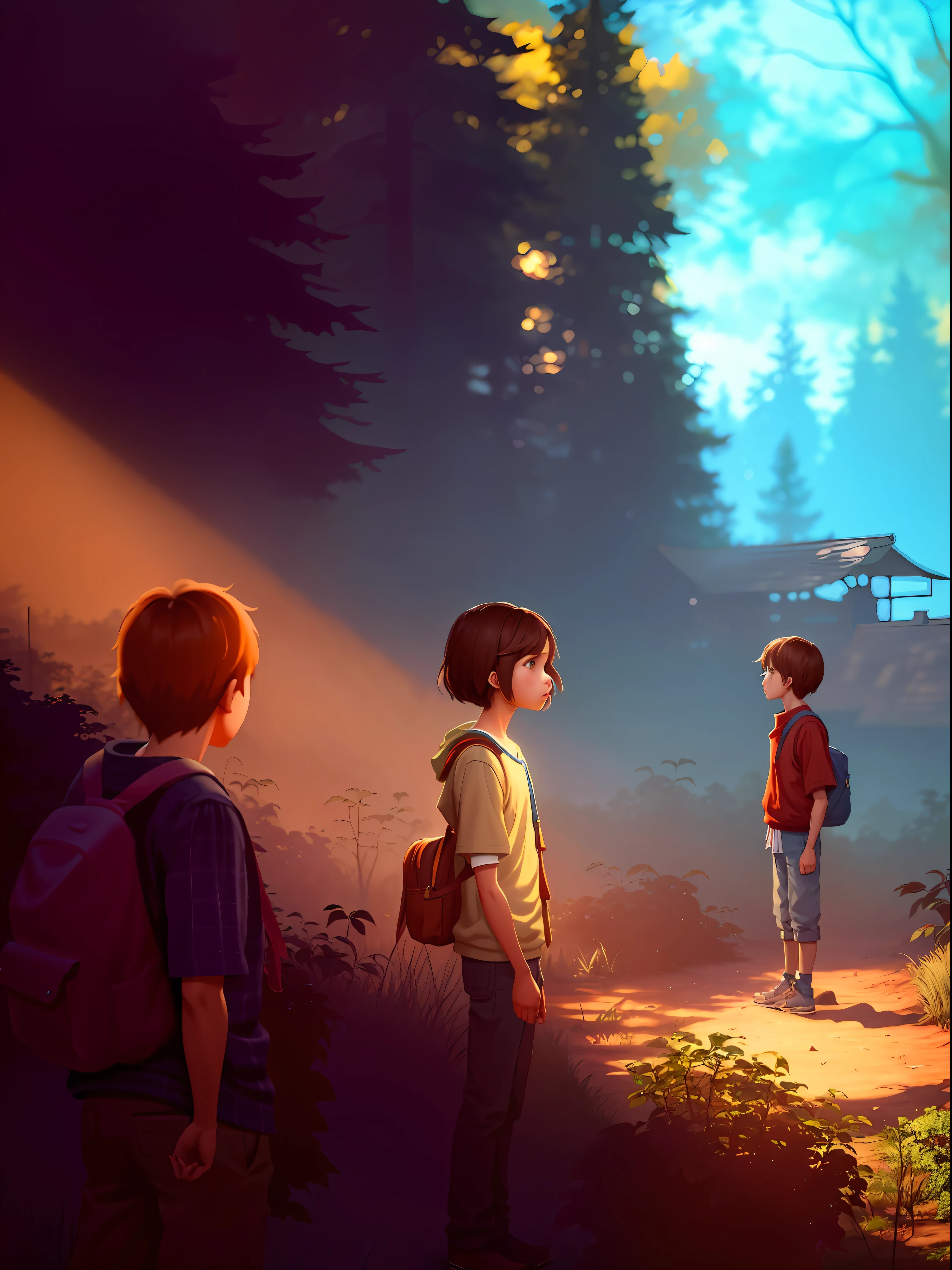 Two  gaze at a tree in the forest，Create an anime scene。(Video game graphics，Grotesque and nostalgic style，Screenshot-like detail of the game，Beautiful and unique lighting effects)Inspired by the portraits of Goro Fujita and Max Caulfield。