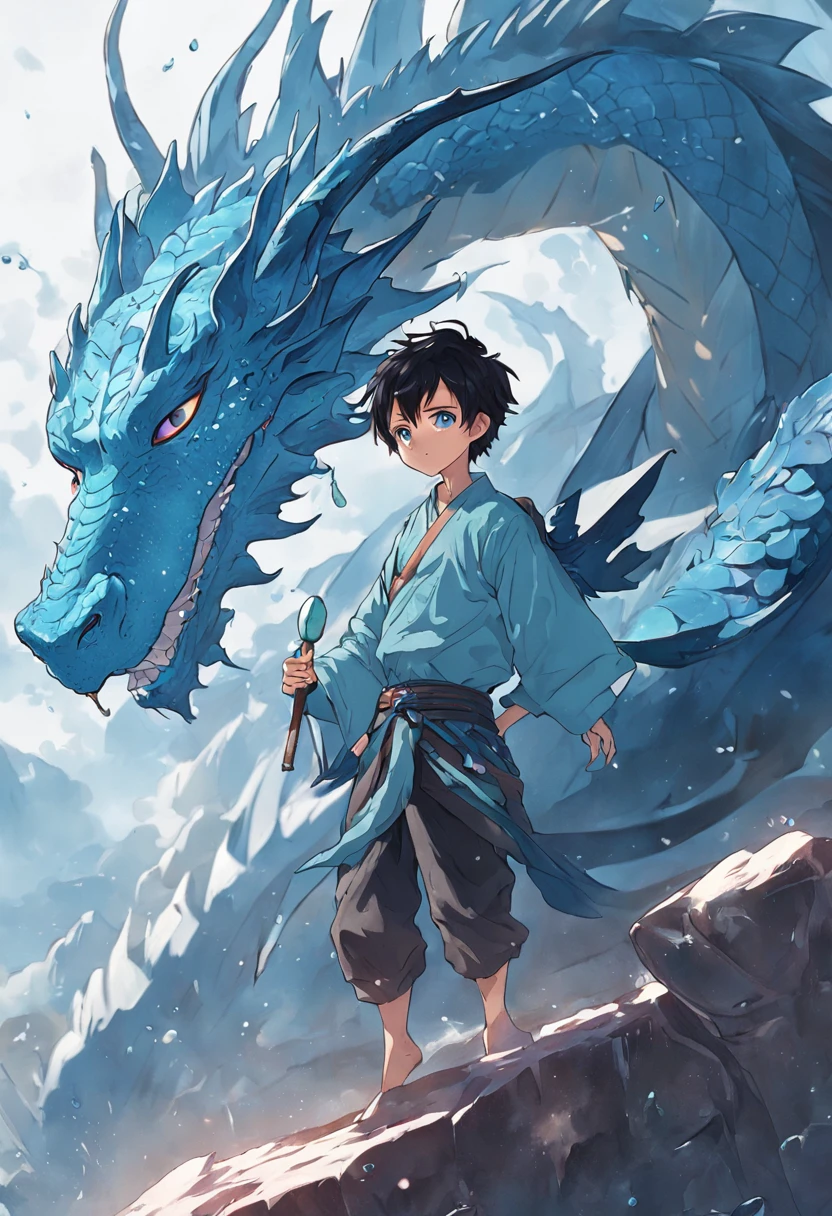 （Handsome boy riding a dragon），Play the flute with your eyes closed，Blue Ice Dragon，corrugation，Water droplets fill with air，Cloud effects：1.5,Elongated dragon body，Faraway view，super detailing，best qualtiy，tmasterpiece，8K，Extremely detailed，Epic artwork