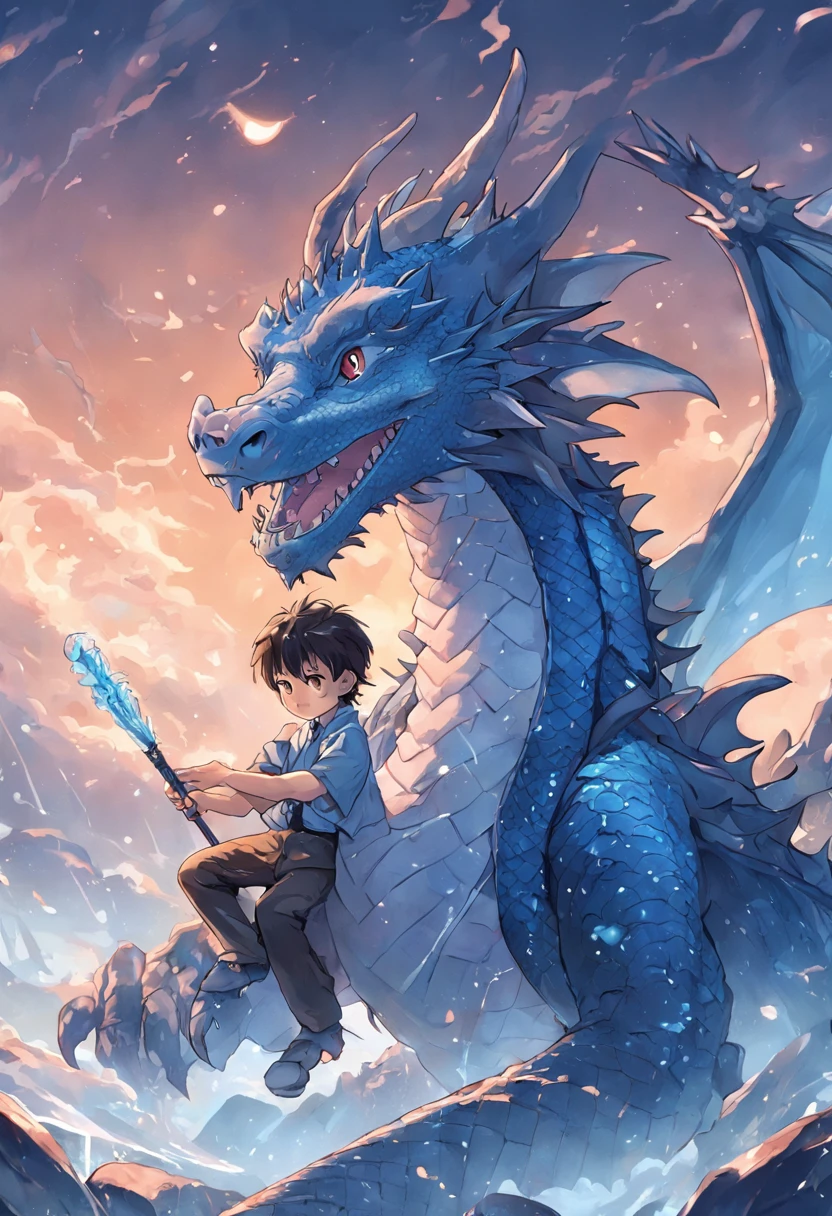 (Handsome teenager riding a dragon),Play the flute with your eyes closed,Blue-blue water dragon,corrugation,The air is filled with water droplets,Cloud effect:1.5,Slender dragon body,elevation,Faraway view,super detailing,best qualtiy,tmasterpiece,(8K,Extremely detailed,Epic artwork