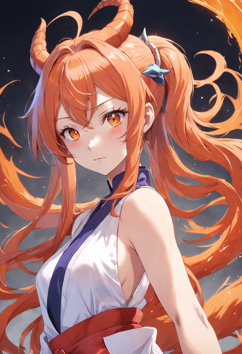 Yamato is a woman, tem porte alto, Their hair is long and white fastened with orange stems in ponytail, the tone of the wires change to water-green It has a face and eyes typical of female characters, grandes, bright and prominent eyelashes, with orange iris, in each ear Yamato wears a golden hoop earring and on his head two red demon horns (Oni). Yamato wears red hakama pants and, Wears Hakama sandals and a large purple and white Nio-Daisuki behind his back. The top garment is a white sleeveless blouse with diamond-shaped designs on both sides and a blue wave pattern on the bottom. Este conjunto era originalmente um quimono com mangas longas, alta qualidade, melhor qualidade,