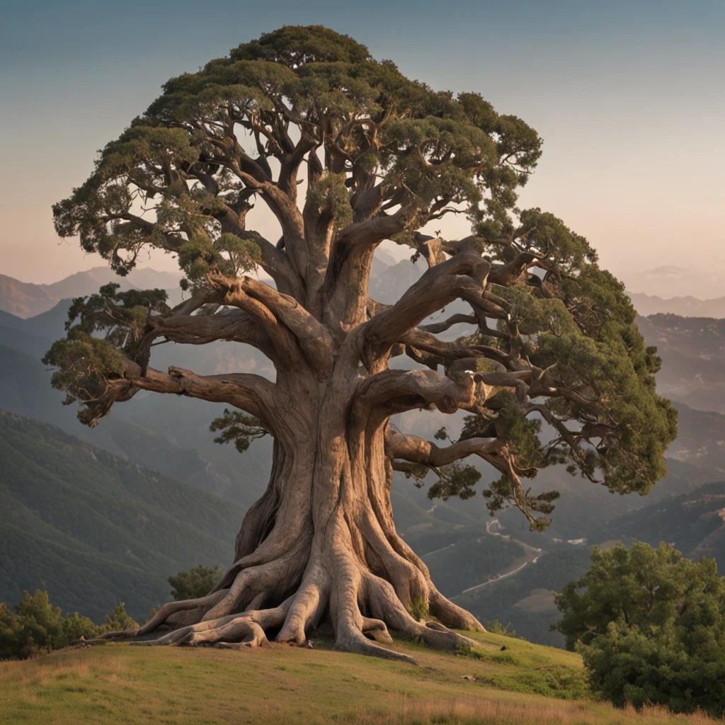 Background Image: An epic landscape at dawn or dusk, with majestic mountains in the background and open countryside in front. In the center, a large solitary tree, with deep roots and branches that reach to the sky.
Visual Elements: Add shadows of historical and contemporary figures emerging from the tree's roots and branches. These figures should represent legacy over time and may include inventors, leaders, thinkers, artists, and others.
Make sure the banner has the correct dimensions (2560 x 1440 pixels)