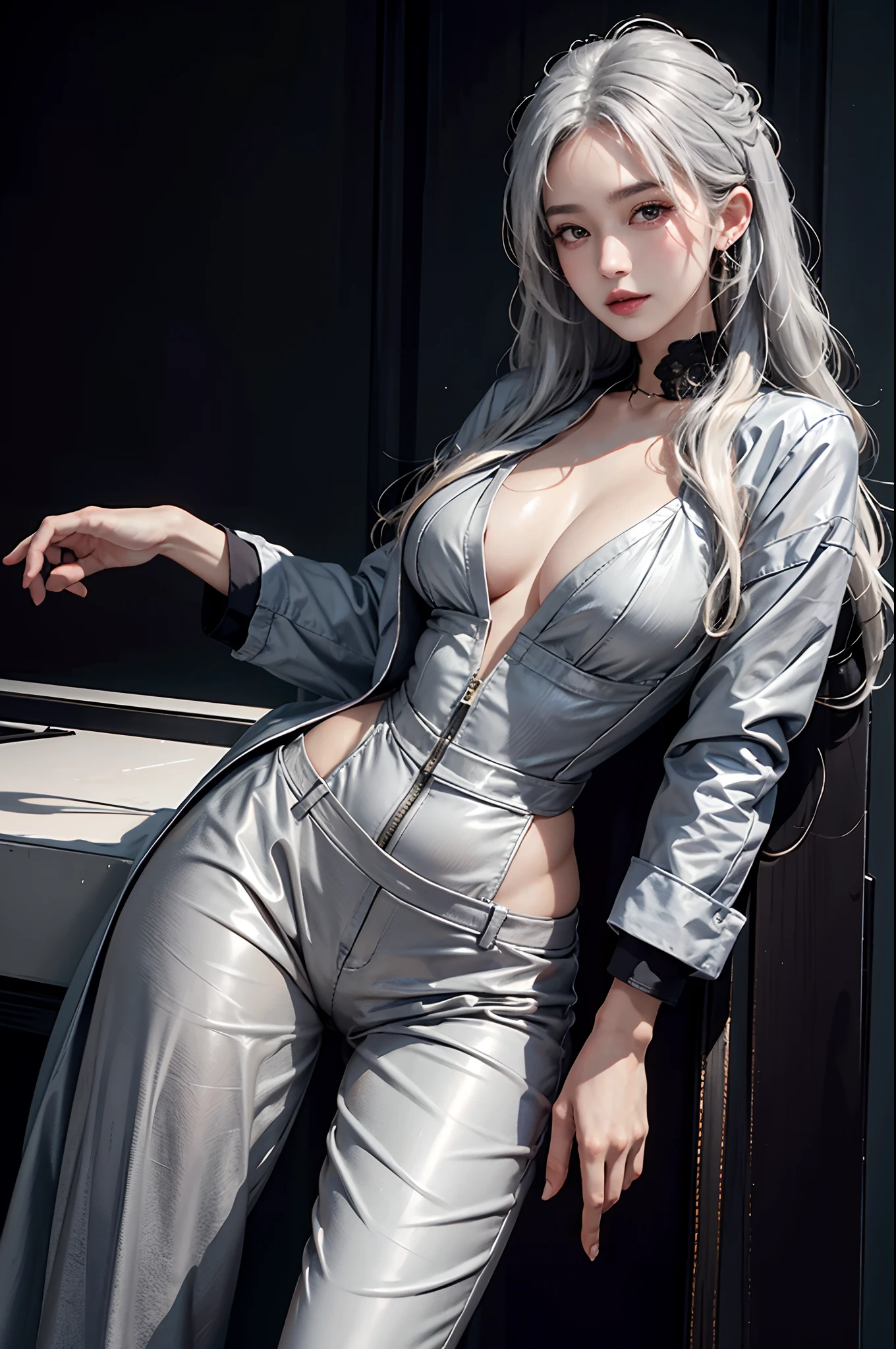 photorealistic, high resolution, soft light,1women, solo, hips up, shining skin, (detailed face),tattoo, jewelry, grey suit, open jacket, office lady, suit, pants, from behind, night, white hair, wavy hair, Beautiful Soldier, Eyes That Invite Viewer, Lover's Perspective, Inviting Expression, Sexy Smile, Perfect Style, Perfect Balance, Detailed Skin, Naughty Gaze, Chest Visible
