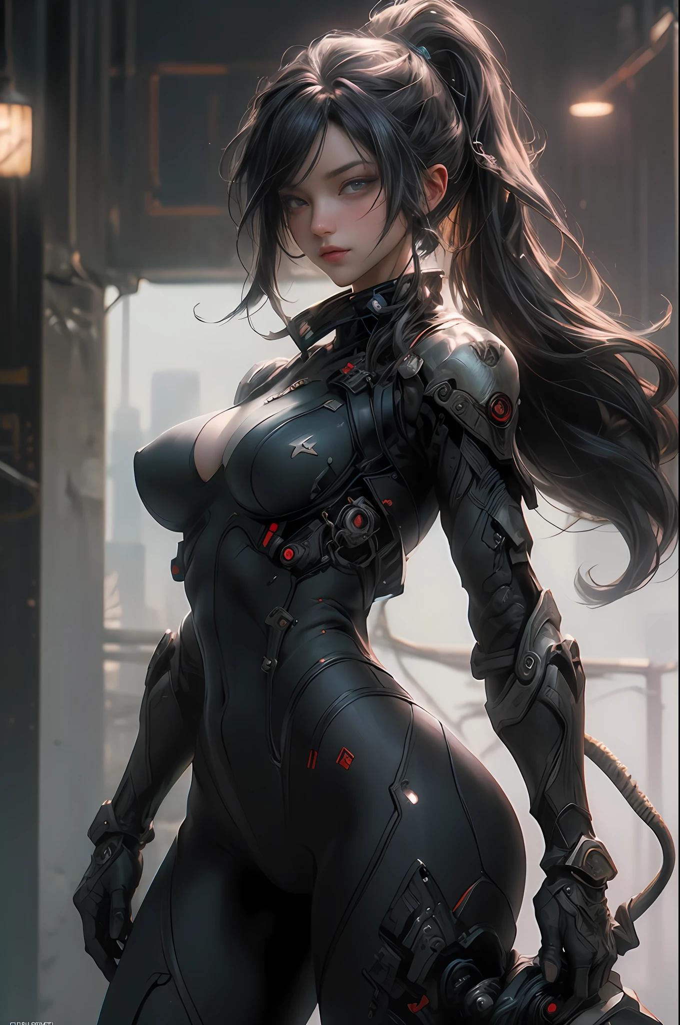 ((Best quality)), ((masterpiece)), (detailed:1.4), photograph of a beautiful cyberpunk female, (wearing smooth organic tech armor), (long shapeless hair), big breasts, (cowboy shot), ((dynamic pose)), (Depth-of-field), Maximum clarity and sharpness, Octane Render, (Cinematic lighting),Wide aperture,Low ISO,White balance,Rule of thirds,8K RAW