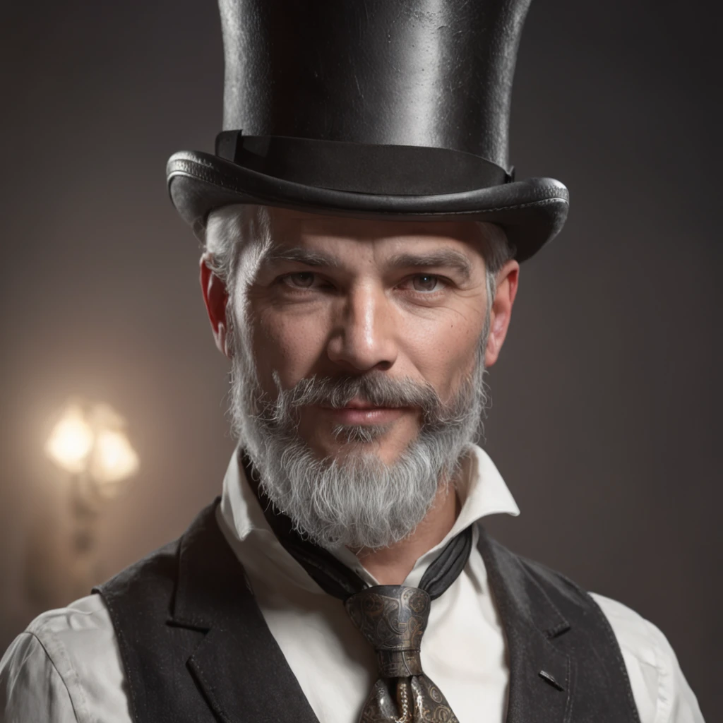 Obra maestra, realista Masculine Handsome Gentleman steampunk, Hipster man, ellegant apuesto hombre con barba y bigotes de estilo, Front camera pose, Retrato completo, Edad Media, smiiling, Traje ellegante, Sombrero top hat, Steampunk style, Arte digital 8K, Hombre pecador tatuado, Retro futurista, punk, machine, Retro, Vapor de engranajes, Gafas futuristas, fantastic face, hermoso aspecto, cabello detallado, Ultra Enfoque, Cara iluminada, Cara detallada, 8K resolution, acuarela, Estilo Razumov. arte de Razumov y Volegov, Hyperrealism Painting Concept Art of detailed character, 8 k resolution blade runner