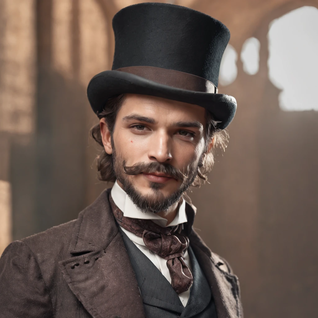 Obra maestra, realista Masculine Handsome Gentleman steampunk, Hipster man, ellegant apuesto hombre con barba y bigotes de estilo, Front camera pose, Retrato completo, Edad Media, smiiling, Traje ellegante, Sombrero top hat, Steampunk style, Arte digital 8K, Hombre pecador tatuado, Retro futurista, punk, machine, Retro, Vapor de engranajes, Gafas futuristas, fantastic face, hermoso aspecto, cabello detallado, Ultra Enfoque, Cara iluminada, Cara detallada, 8K resolution, acuarela, Estilo Razumov. arte de Razumov y Volegov, Hyperrealism Painting Concept Art of detailed character, 8 k resolution blade runner