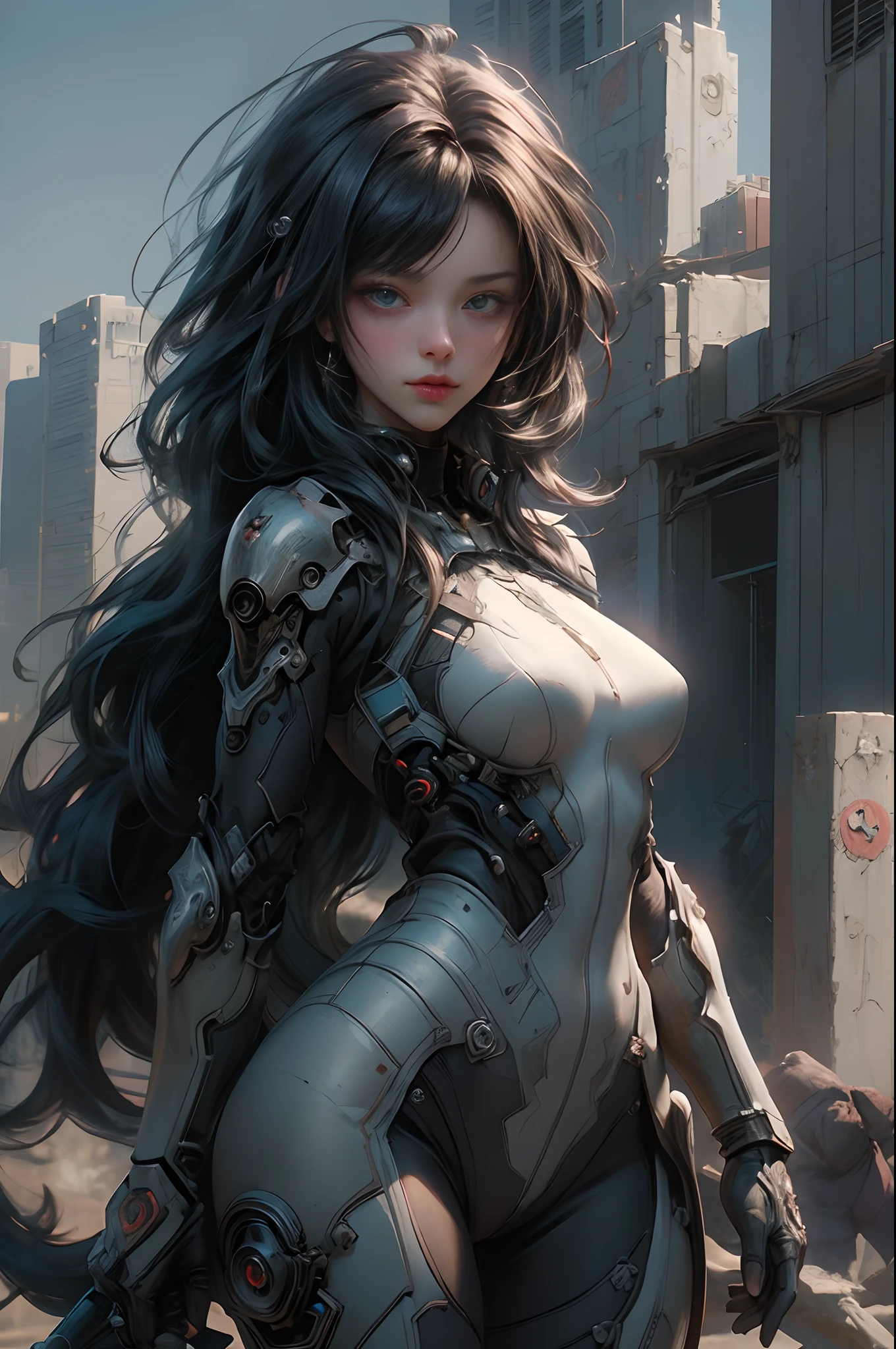 ((Best quality)), ((masterpiece)), (detailed:1.4), photograph of a beautiful cyberpunk female, (wearing smooth organic tech armor), (long shapeless hair), big breasts, (cowboy shot), ((dynamic pose)), (Depth-of-field), Maximum clarity and sharpness, Octane Render, (Cinematic lighting),Wide aperture,Low ISO,White balance,Rule of thirds,8K RAW