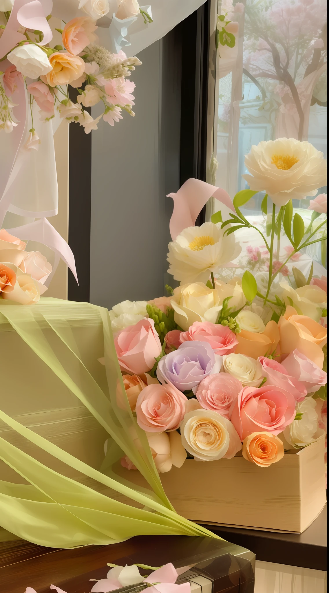There is a table,There is a bouquet of flowers on it, exquisite floral details, pastel overflow, details and vivid colors, with soft pink colors, how pretty, Floral details, ethereal details, detailed flowers, In pastel colors, in pastel shades, made of silk paper, Paper origami flowers, draped in fleshy green and pink, large opaque blossoms