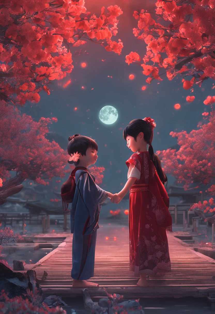 in a panoramic view，magic realism， anime big breast，Masterpiece, hyper HD, Super detail, High details, Best quality, A high resolution, A high resolution, Award-Awarded, Award-Awarded, Anatomically correct, 8K，），（A girl and a boy hold hands on a bridge，full moon，holding hands in the moonlight，Peaceful night sky in the background，Traditional romance, xianxia fantasy, Chinese fantasy, beautiful moonlight night, Chinese style, moonlit night dreamy atmosphere），（Boy in blue and anime girl in red dress：1.5，Delicate girl，beuaty girl，Chinese Hanfu，inspired by Leng Mei，Romantic atmosphere：1.5，Cinematic lighting，Chinese premium color scheme）