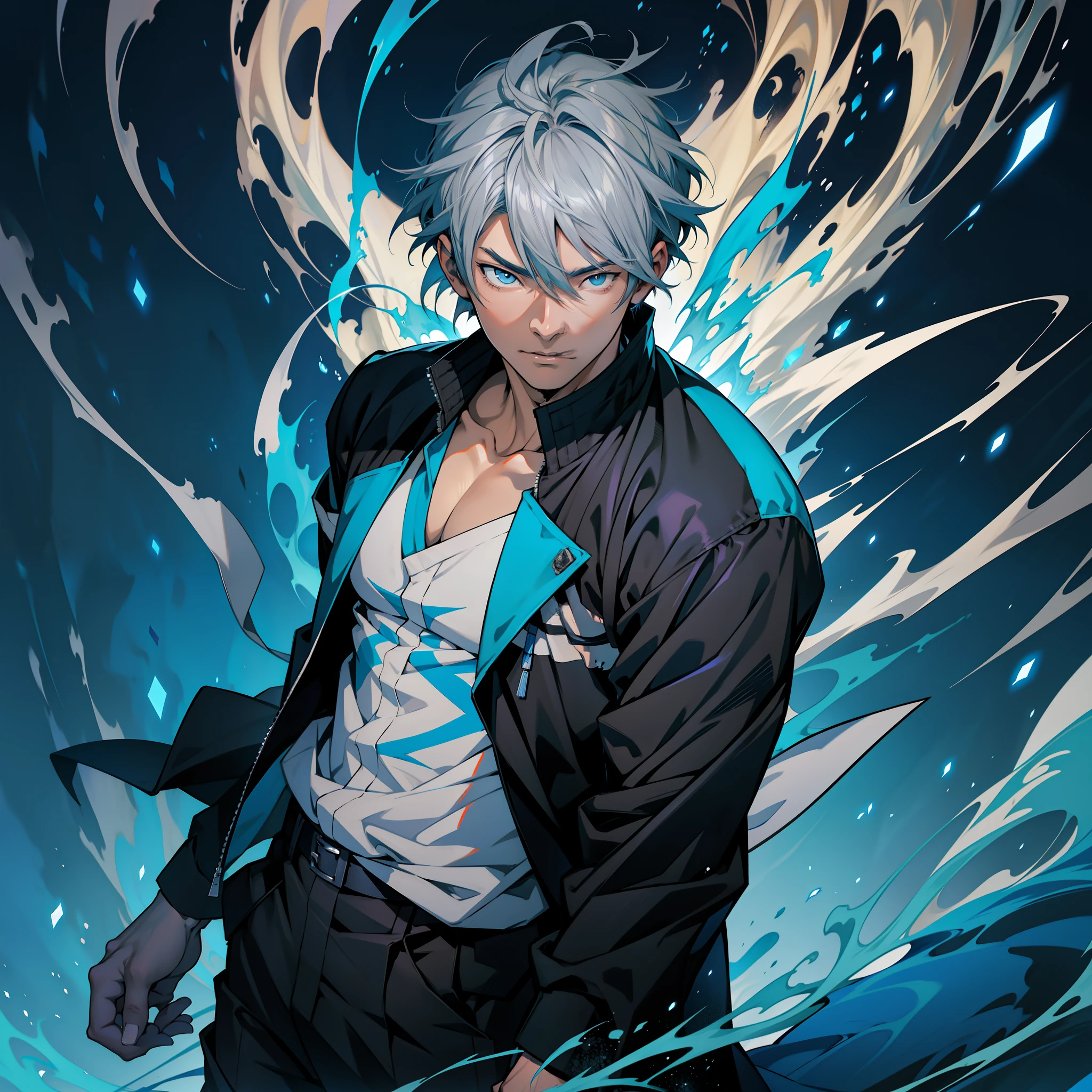 Anime image of a gray-haired man with blue flame in a black jacket, Shinkai sincerely, New Xiangcheng, Honest, ryuta ueda artwork, offcial art, Anime handsome man, inspired by Hisui Sugiura, koyoharu gotouge, inspired by Okumura Togyu,