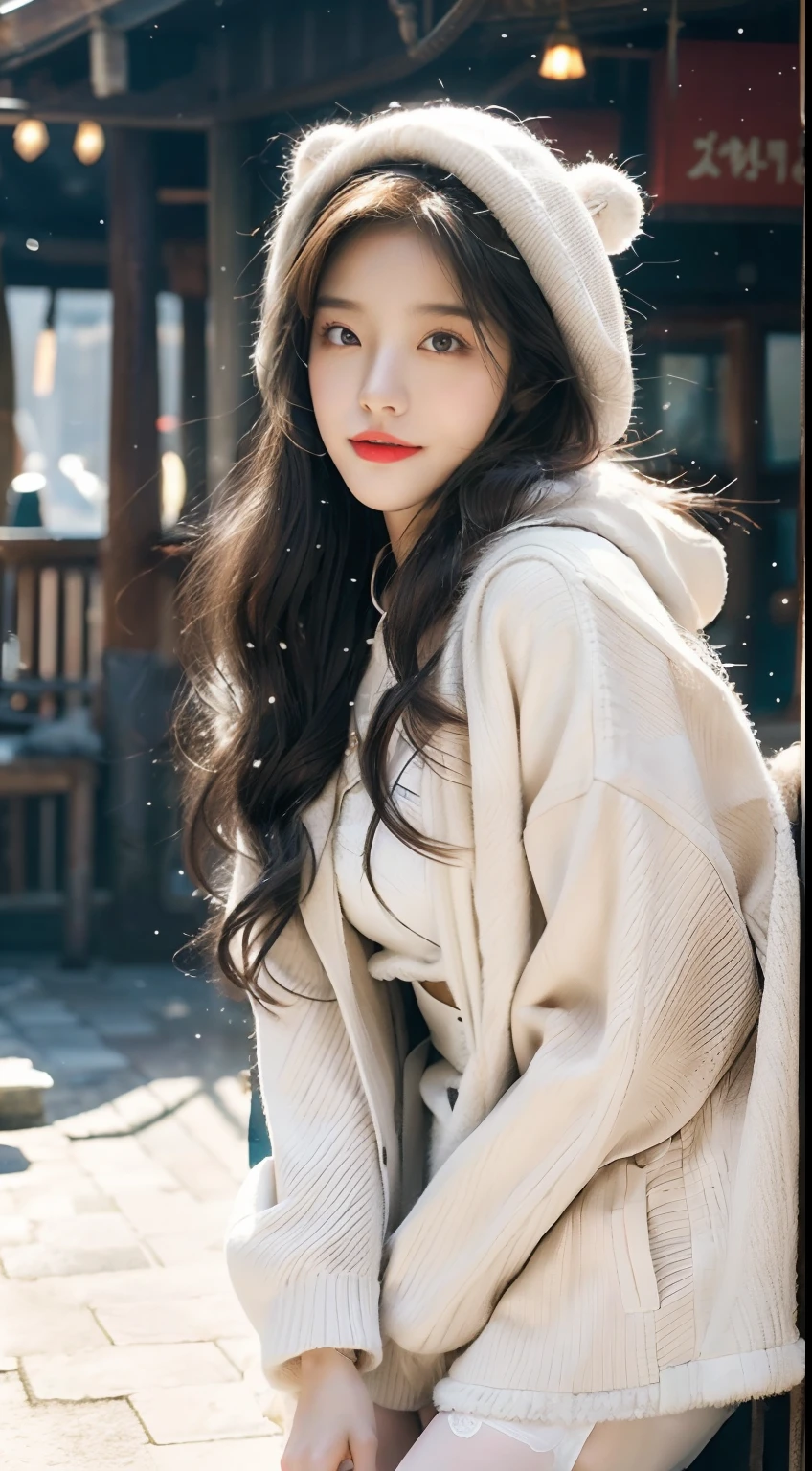 ((best qualtiy,tmasterpiece,超A high resolution)),(realisticlying:1.4),(Korean star poster-like),1girll,From head to knees,Dynamic posture,adult face,Slim,(ssmile),joy,Reflective eyes,(shiny skins),(contours,frontage),whaite hair,long whitr hair,黑The eye,Top fashion,((White plush hooded coat)),Beautiful costumes,(Lolita costume),(short skirt),(Real snowfall:1.5,Cover with snow,snow cover,Simple street),(Clear eyes),(Clear nose),(Clear lips),(Fair skin),(Ultra-realistic textile textures),cinmatic lighting,35mm,offcial art,Incredibly Ridiculous res,hugefilesize,