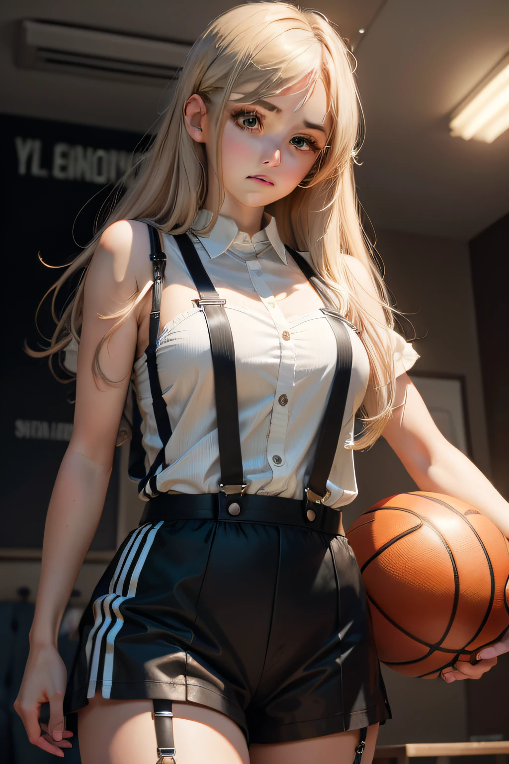 middle score,whaite hair,Suspenders,Trainee,basketball ball