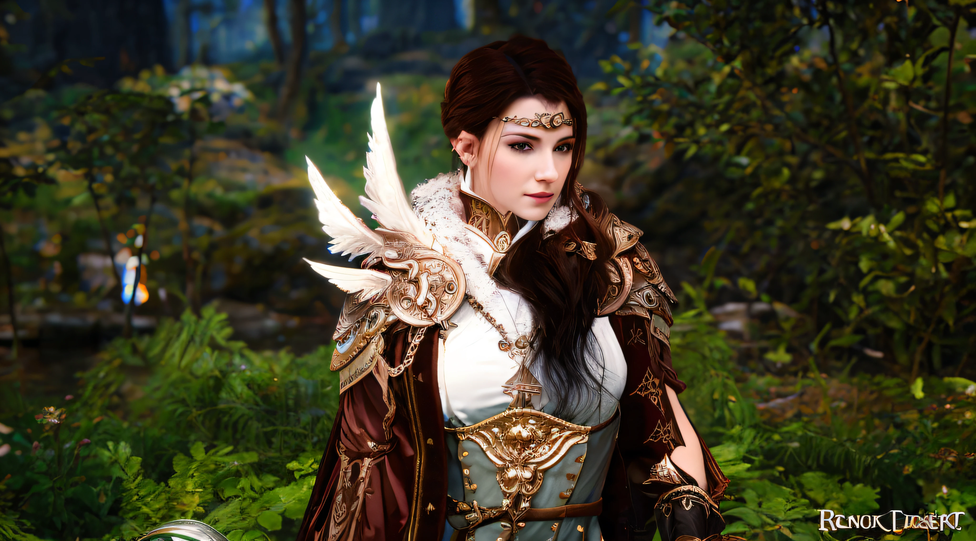 There is a woman dressed in a costume and holding a sword, elfo bonito com vestes ornamentadas, elven character with smirk, as a mystical valkyrie, muito bonito elven top model, pretty female cleric, Retrato de um mago feminino, dressed like a cleric, Sacerdotisa elfa, Retrato de um mago da floresta, Elven Princess, side portrait of elven royalty