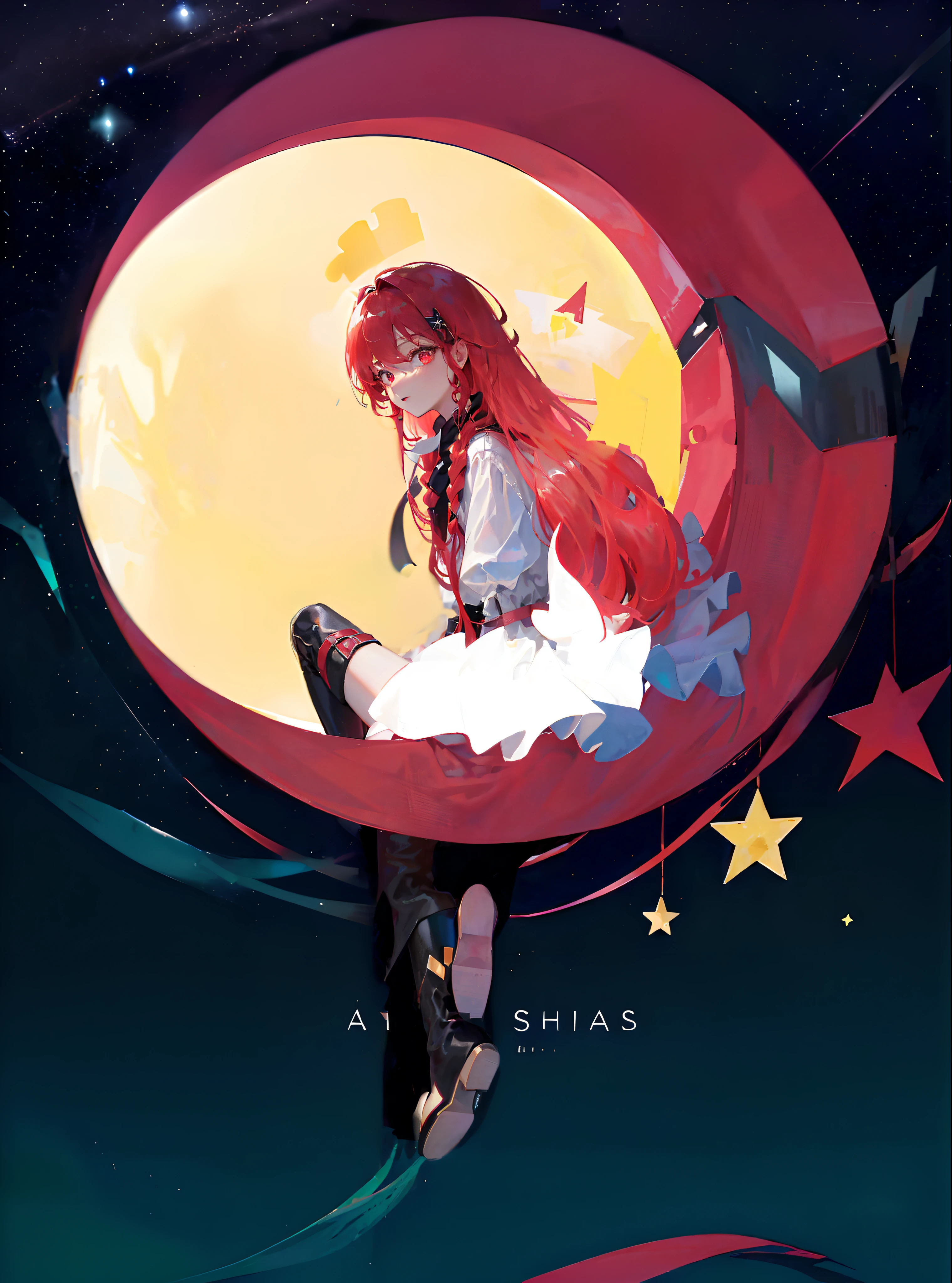 Masterpiece, Best quality, 1girll, ((Red long-haired)),((with long coiled hair)),((red color eyes)),(White top),Black tunic leather pants,Black boots