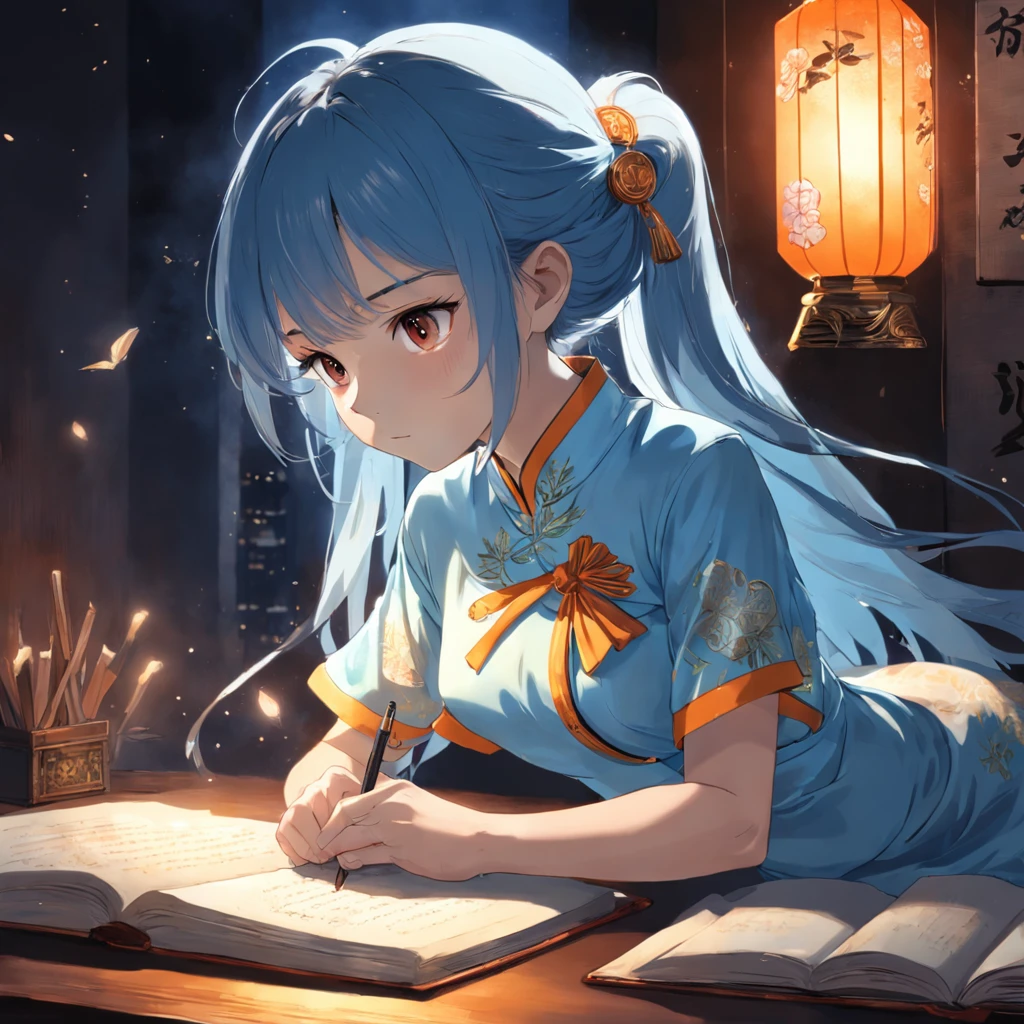 tmasterpiece，best qualtiy，A beautiful girl，Wearing a light blue cheongsam of the Republic of China（Student Clothing），night，Under the lamp（Orange light），she is sitting，She's writing，There is a desk in front，There is a stack of books on the desk。There are two moths flying under the lamp。
