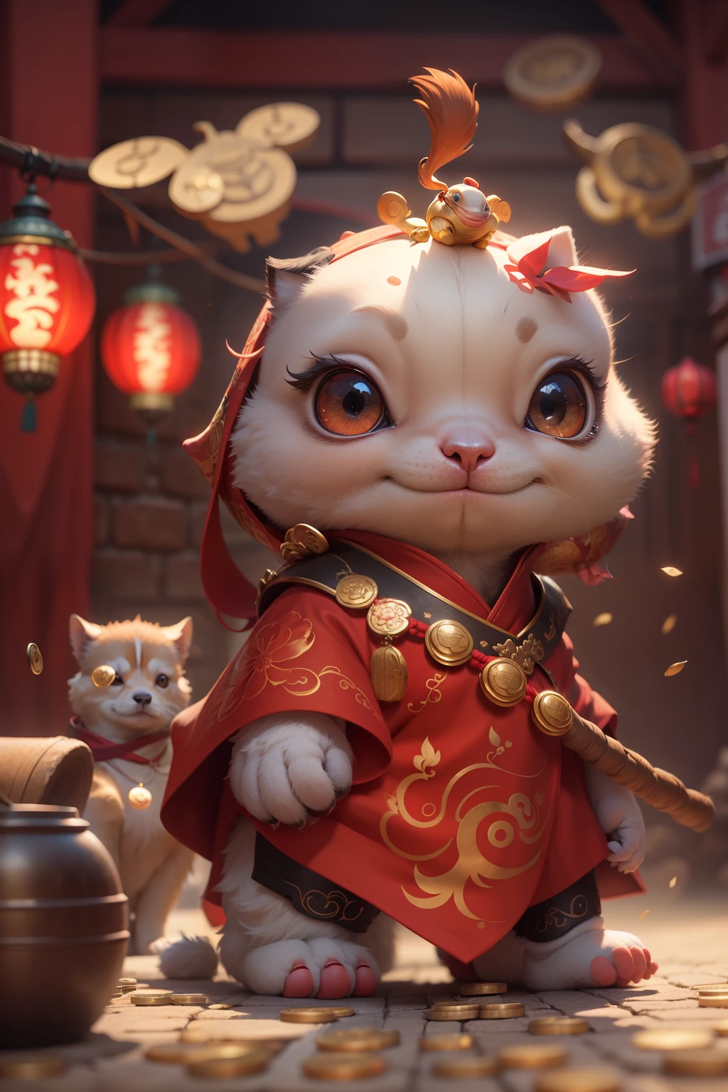 anthropomorphic turtle，Little cute and cute puppy，Wearing elegant red Hanfu，Take gold ingots，The ground is covered with gold coins，silkouette，fluffy mane，largeeyes，Red Wall，Chinese culture，zbrush，Dramatic lighting，full-body portraits，hentail realism，finedetail，photographrealistic，Film illumination，complexdetails，rendering by octane，unreal-engine，8K --ar 9：16 --testp --upbeta