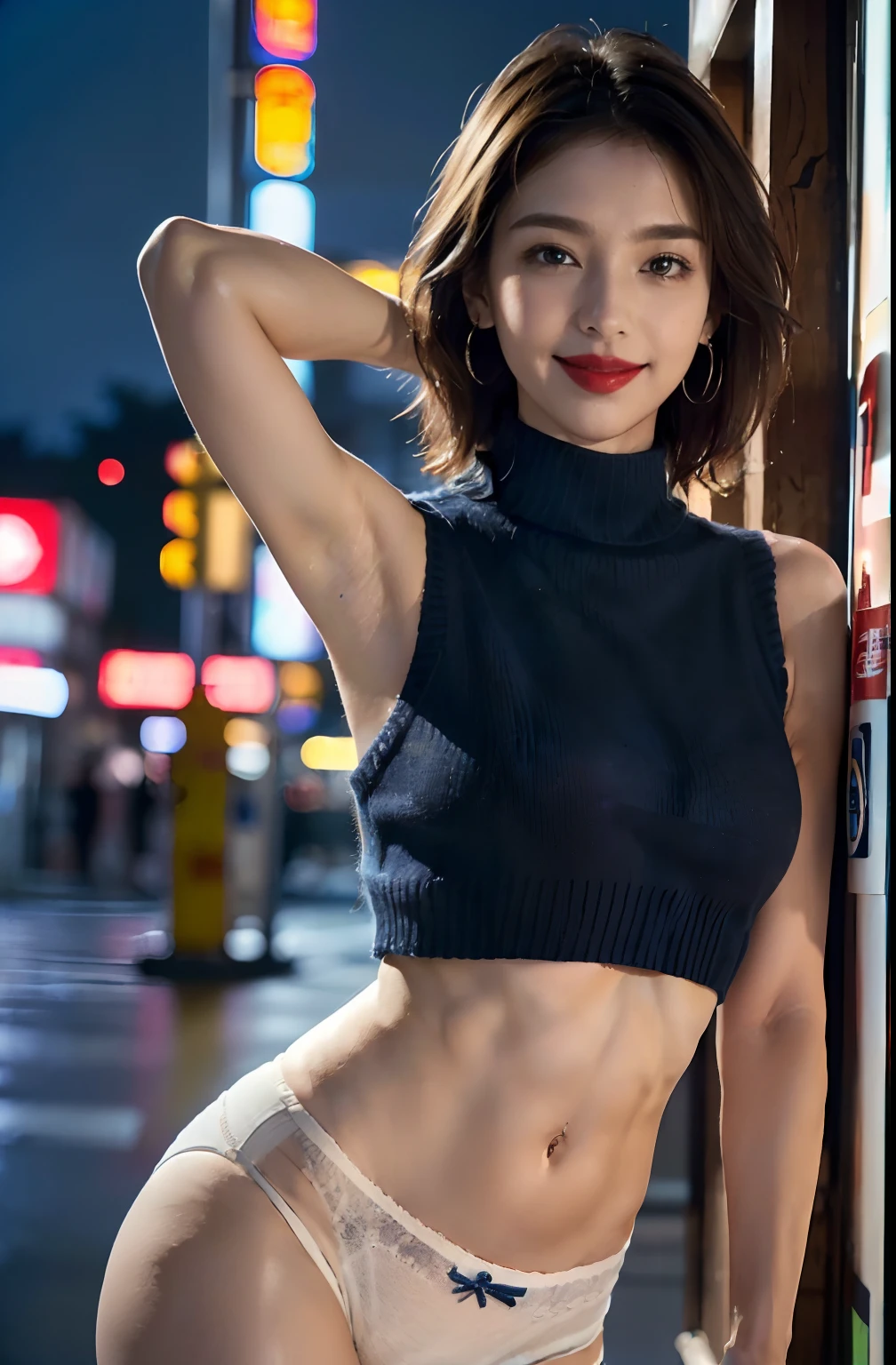 ((Show underarms、A hyper-realistic、Armpit、Detailed armpit wrinkles、Detailed armpit pores、Realistic armpit skin、Black armpit skin、Black armpits、The whole body towards the viewer、Show both armpits、White sexy panties with very small strings on both sides、In front of the convenience store in the middle of the night、Stand in front of a convenience store at night、The armpits are brightly lit、The whole body is brightly lit), (illustratio), (hight resolution)), (8K), (ighly detailed), (The best illustrations), (armpit pose、A smile、beatiful detailed eyes), (top-quality), (ultra-detailliert), (masterpiece), (wall-paper), (详细的脸), (In front of the convenience store in the middle of the night、Brightly lit armpits、A smile、red lipsticks)、((40 years、Bright red lipstick、femele,Show realistic armpits、Brown hair,short-hair,((Woman in dark blue short high neck sleeveless sweater and white small sexy panties、Show the navel)), japanes,