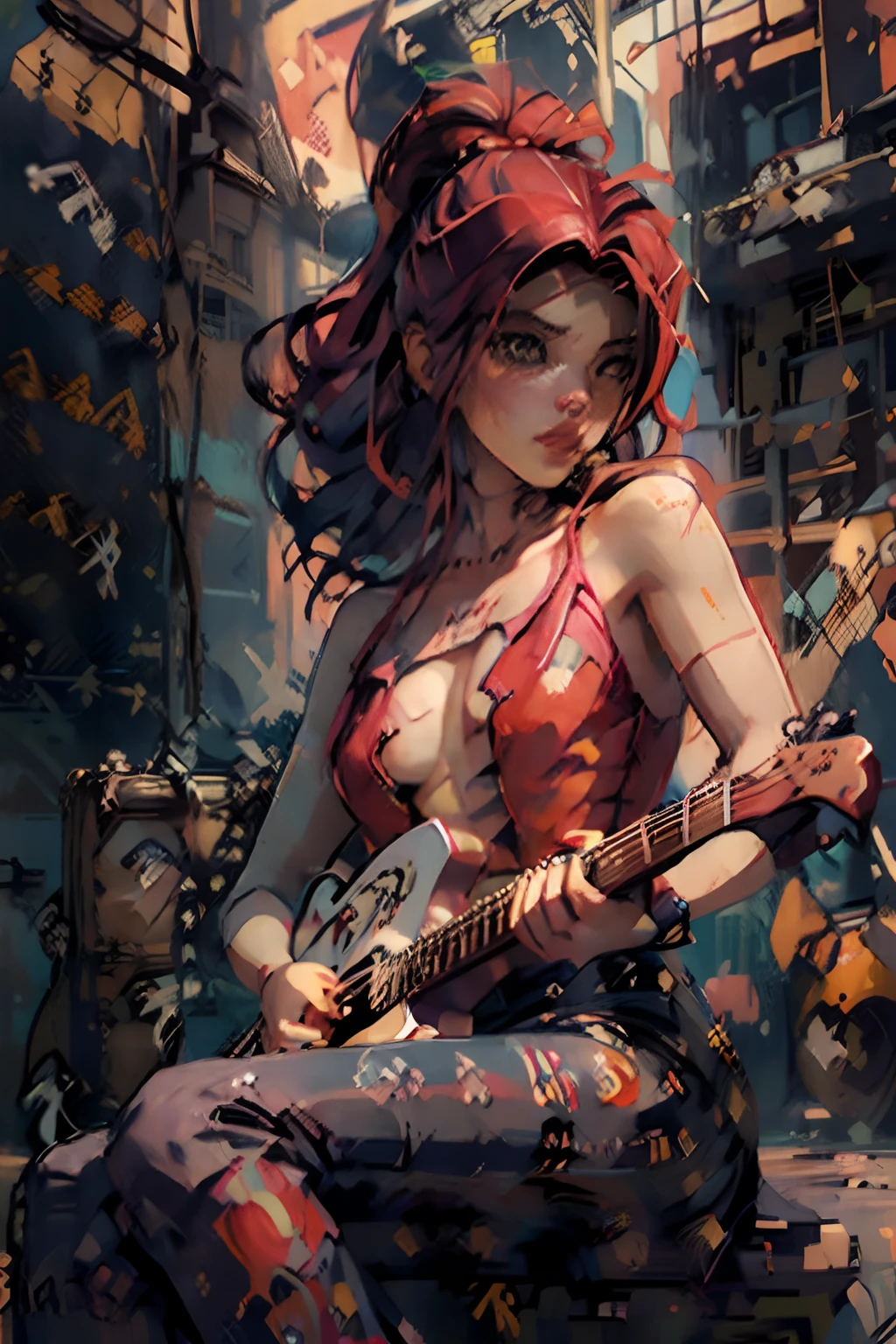 una pintura digital Mujer, Cabello largo, arte cyberpunk de Josan Gonzalez, Ganador del concurso Behance, Afrofuturismo, synthwave, neon, neon glowing,muslos gruesos, Cintura delgada, Sensual, NSFW, ((((desnuda)))), Erotic art, anime, Ropa de batalla rasgada, extremadamente sexualizado, cuerpo sudoroso, NSFW, pechos grandes, grande, Disco duro, 8k, Alta calidad, detales, cuerpo perfecto, Resalta el cuerpo, Detalle en el rostro perfecto, Detalle en el fondo, ((((((guitarra en la mano, guitarra roja fender, fender)))))