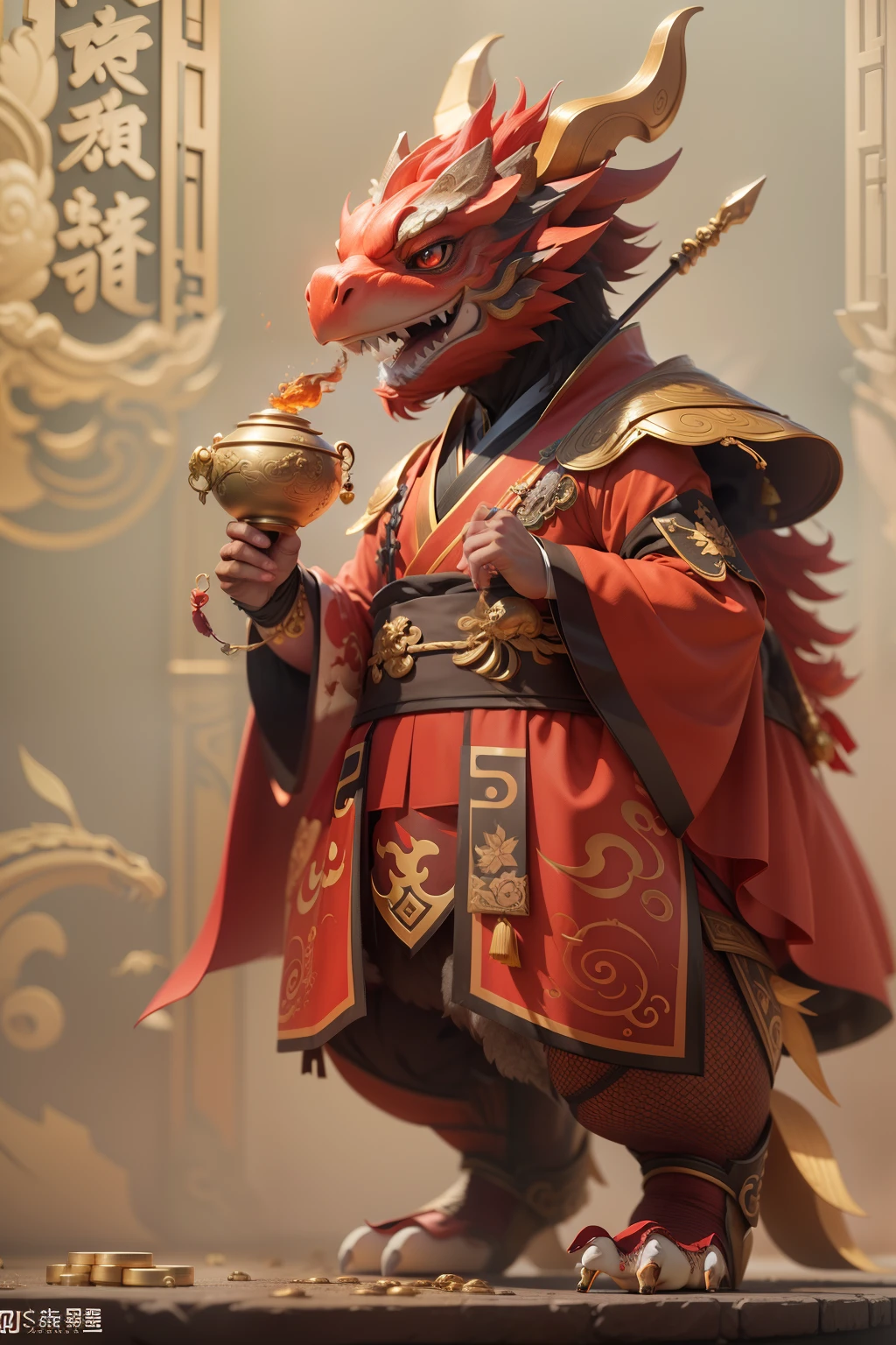 anthropomorphic turtle，Little cute and cute Chinese dragon，Wearing elegant red Hanfu，Take gold ingots，The ground is covered with gold coins，silkouette，fluffy mane，largeeyes，Red Wall，Chinese culture，zbrush，Dramatic lighting，full-body portraits，hentail realism，finedetail，photographrealistic，Film illumination，complexdetails，rendering by octane，unreal-engine，8K --ar 9：16 --testp --upbeta