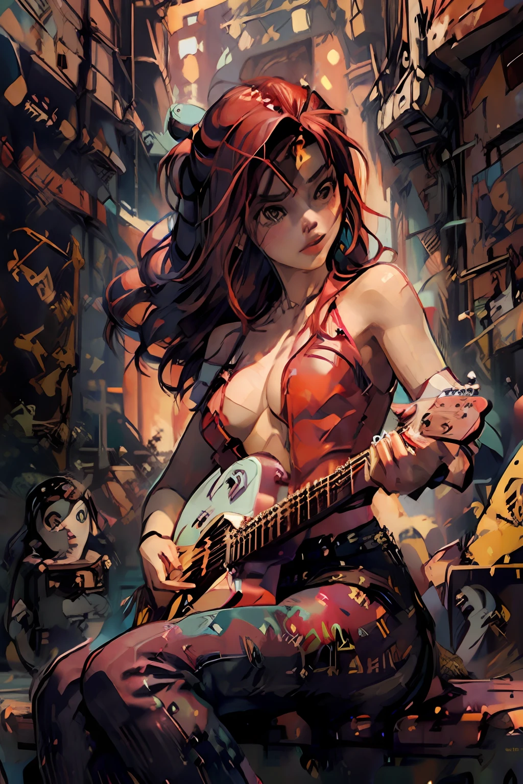 una pintura digital Mujer, Cabello largo, arte cyberpunk de Josan Gonzalez, Ganador del concurso Behance, Afrofuturismo, synthwave, neon, neon glowing,muslos gruesos, Cintura delgada, Sensual, NSFW, ((((desnuda)))), Erotic art, anime, Ropa de batalla rasgada, extremadamente sexualizado, cuerpo sudoroso, NSFW, pechos grandes, grande, Disco duro, 8k, Alta calidad, detales, cuerpo perfecto, Resalta el cuerpo, Detalle en el rostro perfecto, Detalle en el fondo, ((((((guitarra en la mano, guitarra roja fender, fender)))))