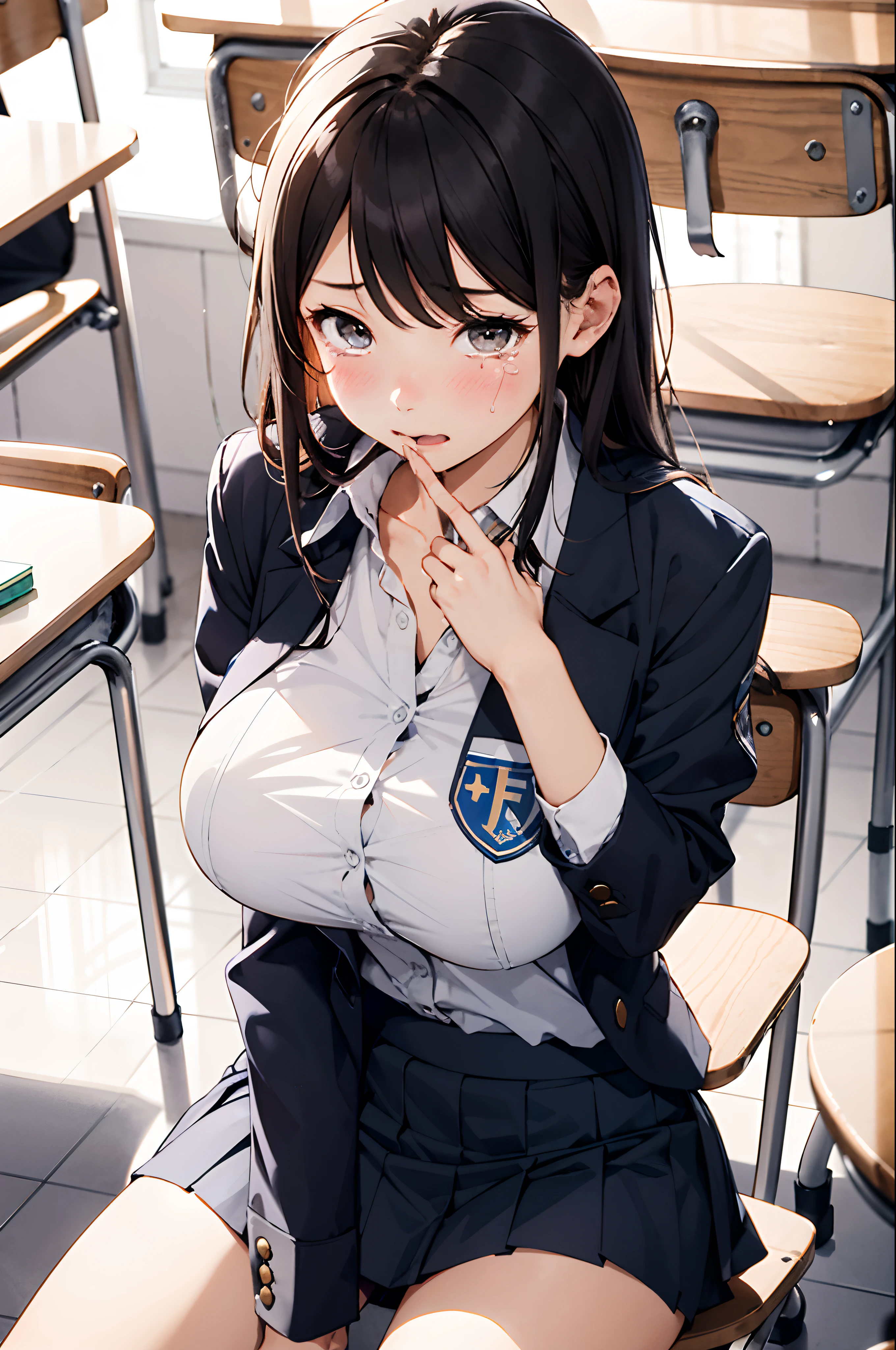 1人の長い髪、Girl in school uniform、miniskirts、gigantic tits、Look away、I'm sitting and spreading my crotch、m embarrassed、blushing、Crying、Keep your mouth shut、Classrooms(A girl is peeing)