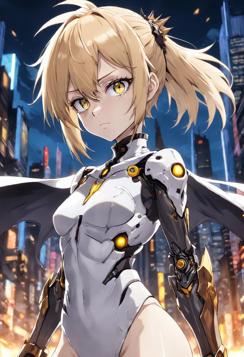 Genos is a cyborg, female, Mechanicalgirl ,alto,.,Seu rosto e orelhas se parecem com os de um ser humano normal, feitos de material de pele artificial, and his eyes have black sclera with yellow irises. She has spiky blonde hair and her eyebrows are blonde (marrom no anime). She also has pierced ears. O guarda-roupa de Genos consiste em roupas de rua com todo o traje da parte superior do corpo sem mangas, estilo anime. alta qualidade, melhor qualidade, famboy, adulto,belas coxas,