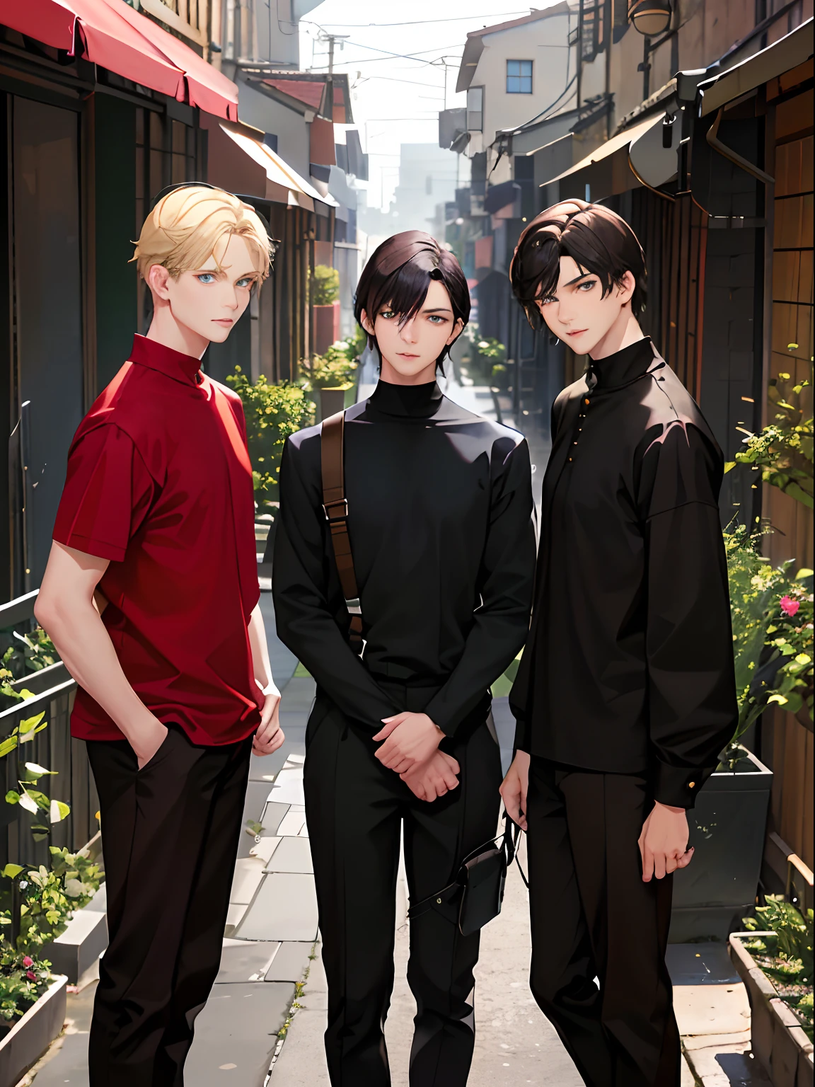 18 year old boys (absurdres, highres, ultra detailed), masterpiece, best quality, 3 man, handsome, black hair, brown hair, casual clothes, background is back alley, best light and shadow, trio friends, 1 black hair man ((sleek hair)), 1 brown hair man ((undercut hair)), 1 blond man ((stylish hair)), tall handsome man, hogwarts vibe, 3 friends, trio friends pose, charming men, (absurdres, highres, ultra detailed, HDR), masterpiece, best quality, anime, Anime cool ((Tall boy)) green eyes, 3rd boy blond hair ((Tall boy)) ((blond hair)) , 3 boys, smile, sunshine, garden, handsome, short hair, looking at viewer, detailed face, ( black shirt ),(red shirt) cool boys, cold male, 8K, Best Quality, Masterpiece, Ultra High Resolution, (Realism: 1.4), Original Photo, (Realistic Skin Texture: 1.3), (Film Grain: 1.3), (Selfie Angle), best friend,Friendship, Trio friends, tall boys, black hair, brown hair,blonde hair tall masculine friends.