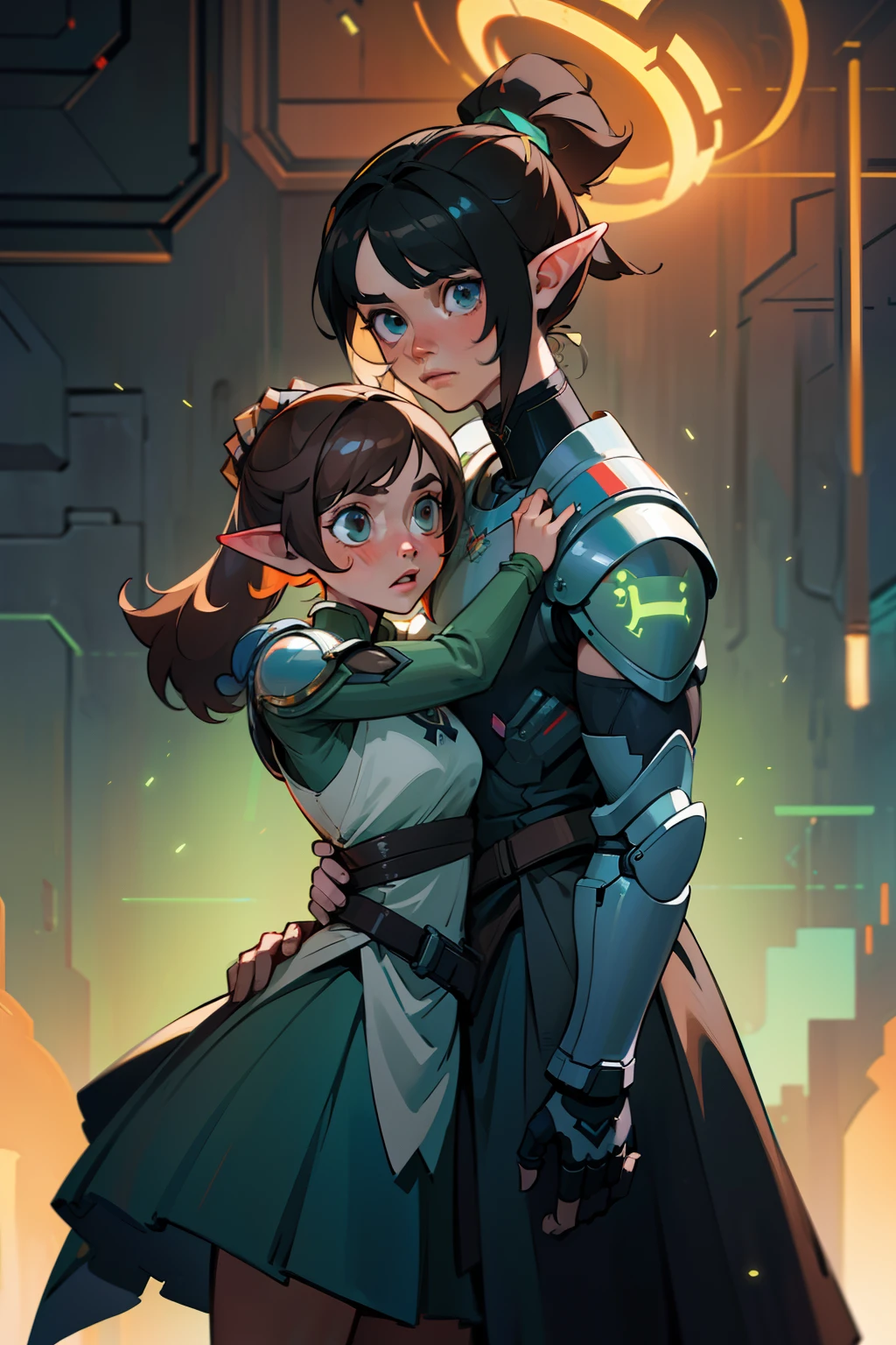 ( 1 man, 1 woman, ) In a realm where art and technology meet, two characters emerge as vivid and realistic masterpieces. The first, a black-haired male cleric, wears futuristic religion-inspired armor and Halo's Gen 2 Spartans. His determined gaze meets the viewer's as he faces a post-apocalyptic cityscape, draped in HDR, ray tracing and Nvidia RTX. The second, a brown-haired elf woman, exudes the elegance of nature in cybernetic armor. Her hair in a "hime cut" style and her ponytail are juxtaposed against a similar background. Decked out in Unreal Engine 5's super resolution and subsurface scattering, both characters share an 8k canvas that captures their essence. Luminescent particles dance and the Unity 8k wallpaper blends seamlessly with the detailed CG, creating stunning scenes. The result is an extraordinary fusion of realism and artistry, each character's story brought to life through innovation and imagination.