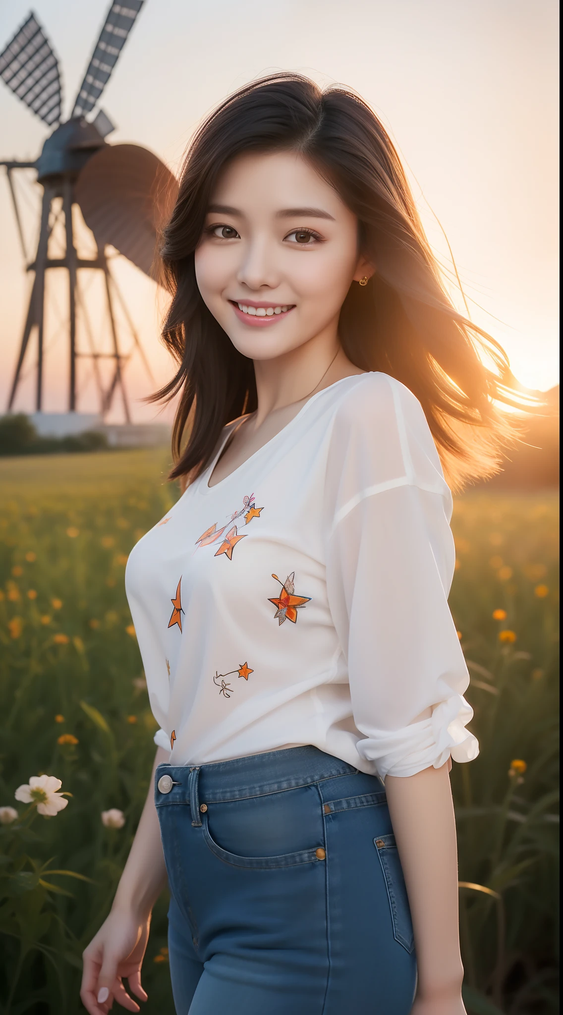 realistic photos of 1 cute Korean star, shoulder-length hair, white skin, thin makeup, 32 inch breasts size, slightly smile, wearing flowers pattern shirt, jeans pants, windmill is backdrop, sunset light, close-up, depth of field, overexposure, UHD