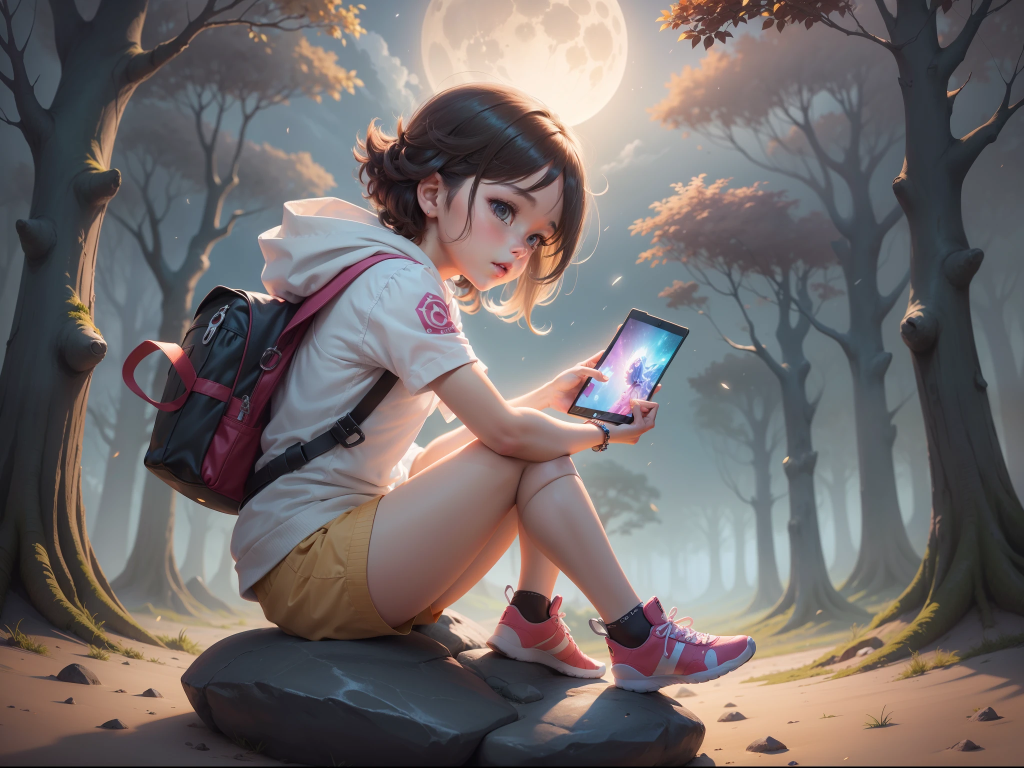 a child sitting on a rock with a tablet, Pokémon illustration, sentado em uma lua, Pokémon Art Style, Cyril Rolando e Goro Fujita, inspirado em Cyril Rolando, Pokémon, na lua, Olhando para a lua cheia, Pokémon in the wild, Pokémon, fanart oficial, ✨🕌🌙, Olhando para a lua