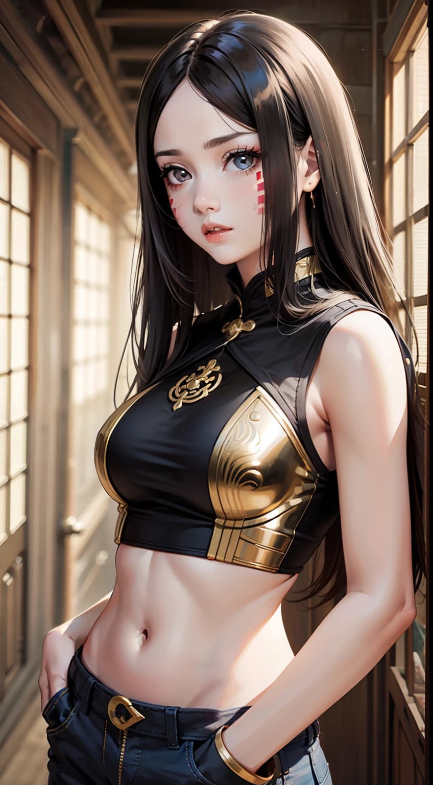 uma menina jovem e sombria,15 anos,olhos pequenos,cabelos pretos, estilo realista,luz suave,clear facial features,Oriental Face,Guns are not covered, Dangerous Golden, olhos pretos, rosto irritado, roupas pretas
