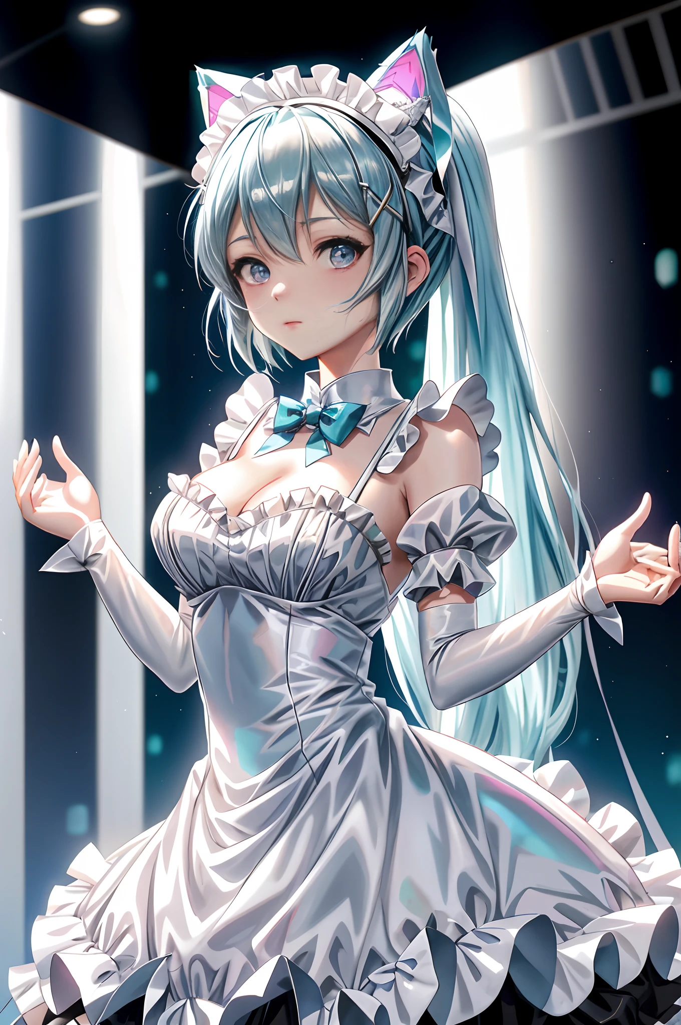 There is a woman in a white dress and blue hair posing, Rem Rezero, Rei Ayanami, ayanami, Hatsune Miku cosplay, Anime girl cosplay, Anime cosplay, mikudayo, cosplay foto, cheerfulness!!!, Also, 2 b, 2b, cosplay of a catboy! maid! dress, , cosplay,,big breasts exposed cleavage,drenched all over the body,Flame it up,Raised sexy,Desire expression,Pubic hair shows through,Naked