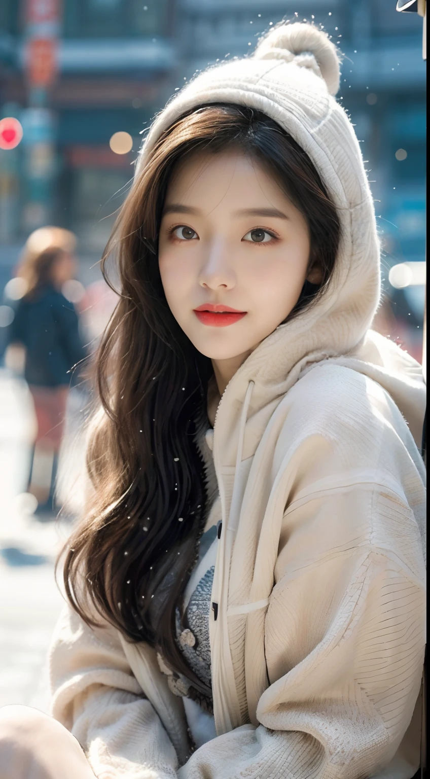 ((best qualtiy,tmasterpiece,超A high resolution)),(realisticlying:1.4),(Korean star poster-like),1girll,From head to knees,Dynamic posture,adult face,Slim,(ssmile),joy,Reflective eyes,(shiny skins),(contours,frontage),whaite hair,long whitr hair,黑The eye,Top fashion,((White plush hooded coat)),Beautiful costumes,(Lolita costume),(short skirt),(Real snowfall:1.5,Cover with snow,snow cover,Simple street),(Clear eyes),(Clear nose),(Clear lips),(Fair skin),(Ultra-realistic textile textures),cinmatic lighting,35mm,offcial art,Incredibly Ridiculous res,hugefilesize,