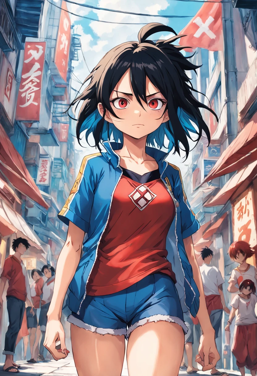Luffy is a woman, veste um short azul, sandals and a red vest with sleeves. Luffy also has a scar with two stitches under his left eye, deixando uma grande cicatriz em forma de "X" em seu peito. Parecendo ser magra debaixo de sua camisa, She has a surprisingly well-built physique, pelo corpo, female, estilo anime. alta qualidade, melhor qualidade, famboy, adulta. belas coxas.