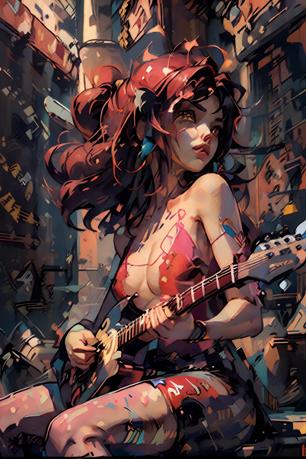 una pintura digital Mujer, Cabello largo, arte cyberpunk de Josan Gonzalez, Ganador del concurso Behance, Afrofuturismo, synthwave, neon, neon glowing,muslos gruesos, Cintura delgada, Sensual, NSFW, ((((desnuda)))), Erotic art, anime, Ropa de batalla rasgada, extremadamente sexualizado, cuerpo sudoroso, NSFW, pechos grandes, grande, Disco duro, 8k, Alta calidad, detales, cuerpo perfecto, Resalta el cuerpo, Detalle en el rostro perfecto, Detalle en el fondo, ((((((guitarra en la mano, guitarra roja fender, fender)))))