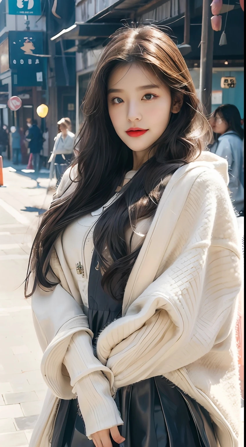 ((best qualtiy,tmasterpiece,超A high resolution)),(realisticlying:1.4),(Korean star poster-like),1girll,From head to knee,Dynamic posture,adult face,Slim,(ssmile),joy,Reflective eyes,(shiny skins),(contours,frontage),whaite hair,long whitr hair,黑The eye,Top fashion,((White plush hooded coat)),Beautiful costumes,(ta costume),(short skirt),(Real drifting snow:1.5,snow cover,Simple street),(Clear eyes),(Clear nose),(Clear lips),(Fair skin),(Ultra-realistic textile textures),cinmatic lighting,35mm,offcial art,Incredibly Ridiculous res,hugefilesize,
