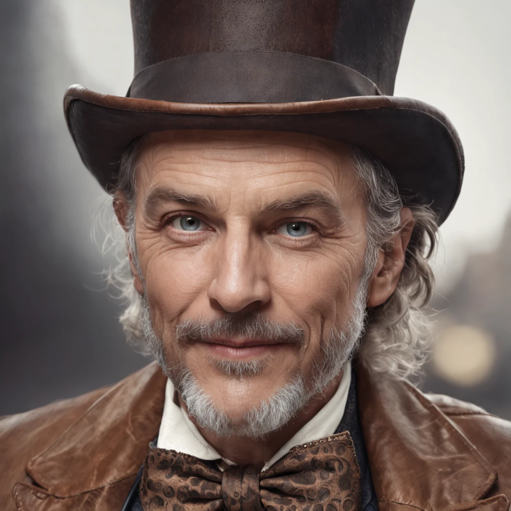 Masterpiece, realistic Handsome Matture Gentleman steampunk, hipster beard man, middle age, smiiling, ellegant leather suit, Steampunk matture Mad Hatter man, digital art 8k, sinful man in a bike, Stunning man, industrial, retro futuristic, punk, machine, retro, gear steam, futuristic goggles, fantastic face, beautiful look, detailed hair, ultra focus, face illuminated, face detailed, 8k resolution, watercolor, razumov style. art by Razumov and Volegov, hyperrealism painting concept art of detailed character, 8k resolution blade runner