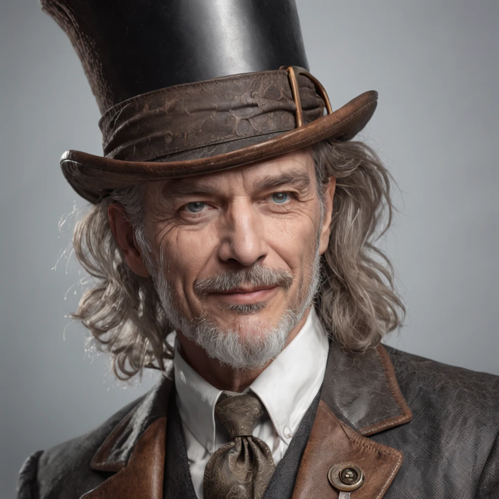 Masterpiece, realistic Handsome Matture Gentleman steampunk, hipster beard man, middle age, smiiling, ellegant leather suit, Steampunk matture Mad Hatter man, digital art 8k, sinful man in a bike, Stunning man, industrial, retro futuristic, punk, machine, retro, gear steam, futuristic goggles, fantastic face, beautiful look, detailed hair, ultra focus, face illuminated, face detailed, 8k resolution, watercolor, razumov style. art by Razumov and Volegov, hyperrealism painting concept art of detailed character, 8k resolution blade runner