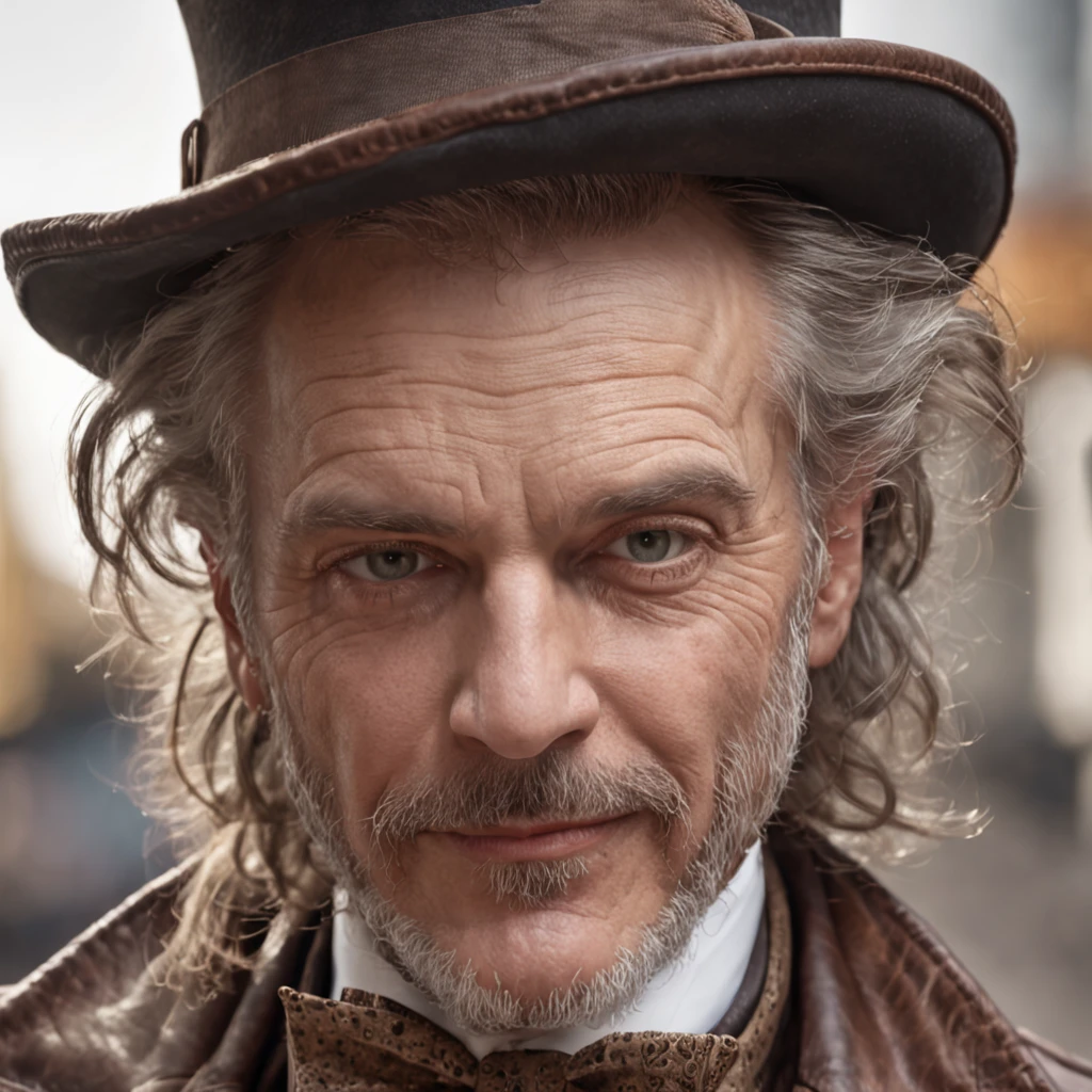 Masterpiece, realistic Handsome Matture Gentleman steampunk, hipster beard man, middle age, smiiling, ellegant leather suit, Steampunk matture Mad Hatter man, digital art 8k, sinful man in a bike, Stunning man, industrial, retro futuristic, punk, machine, retro, gear steam, futuristic goggles, fantastic face, beautiful look, detailed hair, ultra focus, face illuminated, face detailed, 8k resolution, watercolor, razumov style. art by Razumov and Volegov, hyperrealism painting concept art of detailed character, 8k resolution blade runner