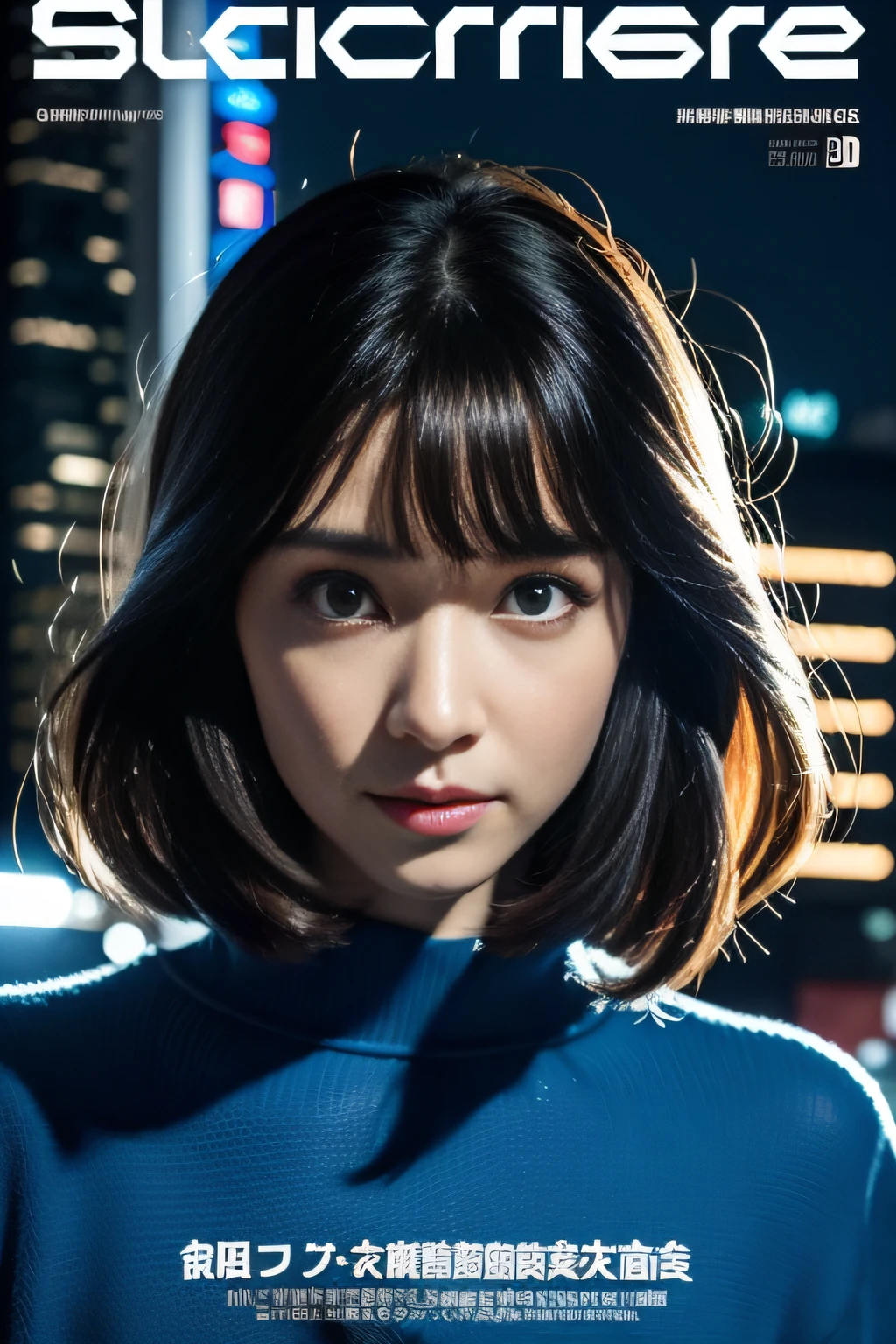 (8K分辨率,3D,offcial art,(MagazineCover:1.4),attention-grabbing,Oversized title font,Catchy,The title is larger,More eye-catching,modern day),(1womanl,(Tai Vill's facial features:1.8,s delicate face),Jet black slightly curly hair,(Fluffy and messy, There are levels),((Robotic prosthetics),(Part of the body robotic prosthesis),Lights on the machine,Transparent controller mask,dynamicposes),perfect hand,Ultra-fine material),(Cyberpunk woman and her mech,City ruins of war,Exquisite environmental details,MagazineCover:1.4),(exhilarated,confident smile,Rejoice),(Cover typography,profesional lighting,动态照明 ,Maximum clarity and sharpness, Many-Layer Textures, Albedo e mapas Speculares,Sharp focus),((Strong color contrast,(black in color,blue colors,red colour))),(Golden section,Cover of a,low angle shot,depth of fields,perfectly proportions,Hasselblad photograp,tmasterpiece:1.3),(vogue cover,Cyberpunk art of a,Cyberpunk Building,Art platform)