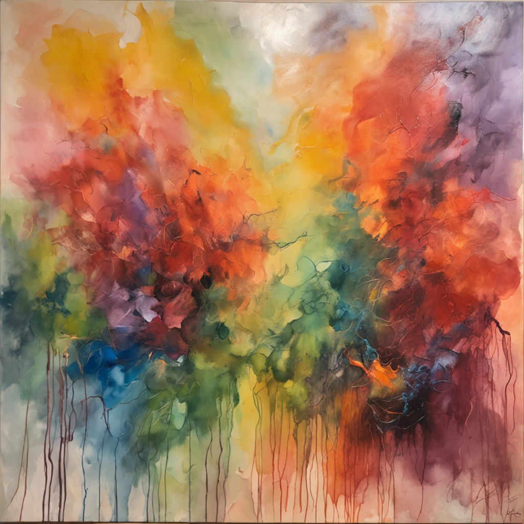 Hell in the style of disco-elysium, Hellish Sky, Demons, An abundance of colors, watercolor expressionist