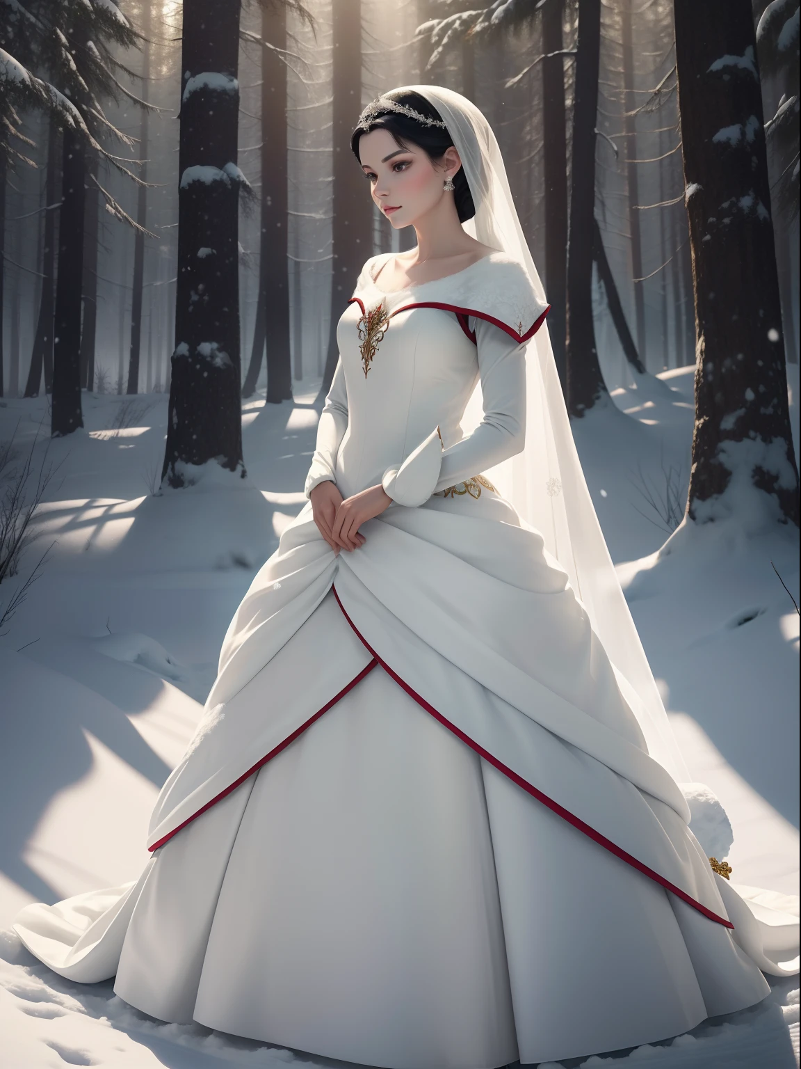 (((Elegant Snow White)))
Create a captivating image of Snow White in an elegant and regal attire, standing in a forest clearing. Utilize soft lighting to cast a warm glow on her features and accentuate the details of her gown. Her gown should feature rich colors that contrast with the forest backdrop. Choose a natural light source, like sunlight filtering through the trees, to create a serene and enchanting atmosphere. The UHD resolution ensures that every aspect of her attire and expression, from the intricate embroidery to her serene gaze, is exquisitely rendered.