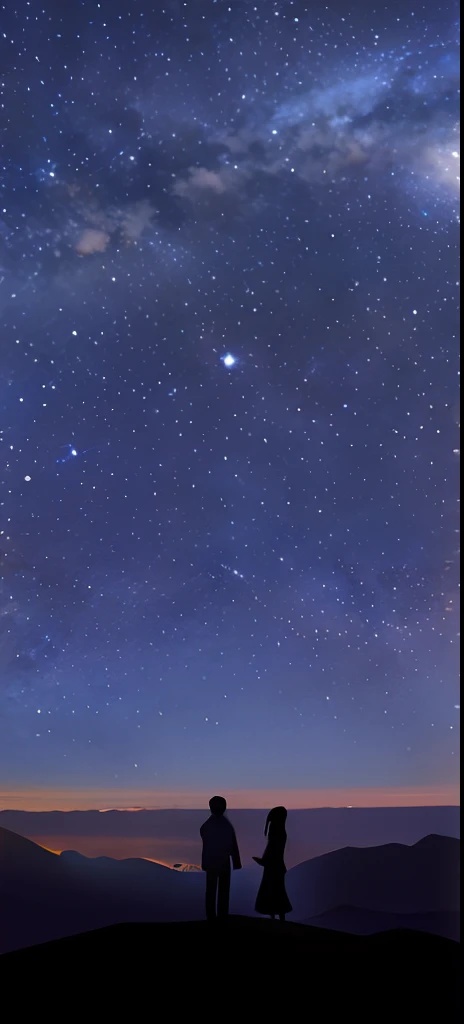 Starry sky with silhouette of two people standing on a mountain, Night sky; 8K, on a clear magnificent night sky, Starry Sky 8 K, sky strewn with stars, on a clear night sky, starfield in background, stars in the sky above, stars in sky, many stars in the night sky, Stars in the sky, the sky is a starry sky