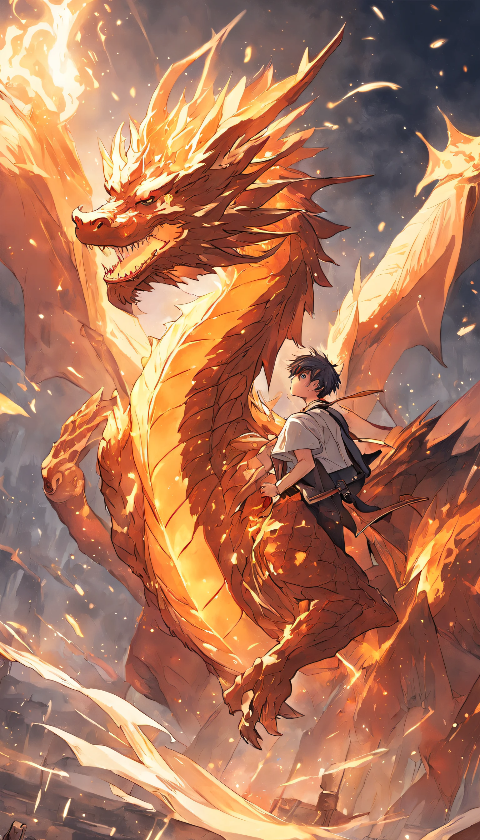 (Handsome ager riding a dragon),Holding a feather fan,Golden-red fire dragon,ablaze with intensity,There was a fire in the air,Gunsmoke effect:1.5,Slender dragon body,elevation,Faraway view,super detailing,best qualtiy,tmasterpiece,8K,Extremely detailed,Epic artwork
