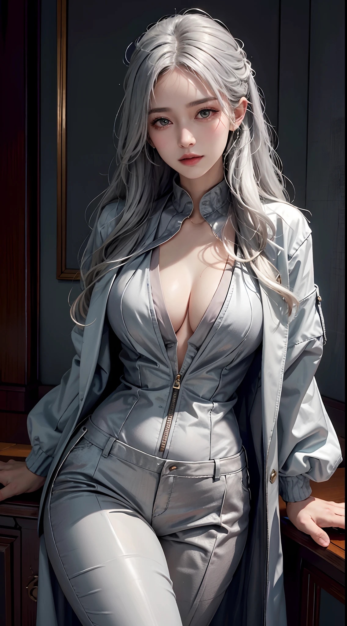 photorealistic, high resolution, soft light,1women, solo, hips up, shining skin, (detailed face),tattoo, jewelry, grey suit, open jacket, office lady, suit, pants, from behind, night, white hair, wavy hair, Beautiful Soldier, Eyes That Invite Viewer, Lover's Perspective, Inviting Expression, Sexy Smile, Perfect Style, Perfect Balance, Detailed Skin, Naughty Gaze, Chest Visible