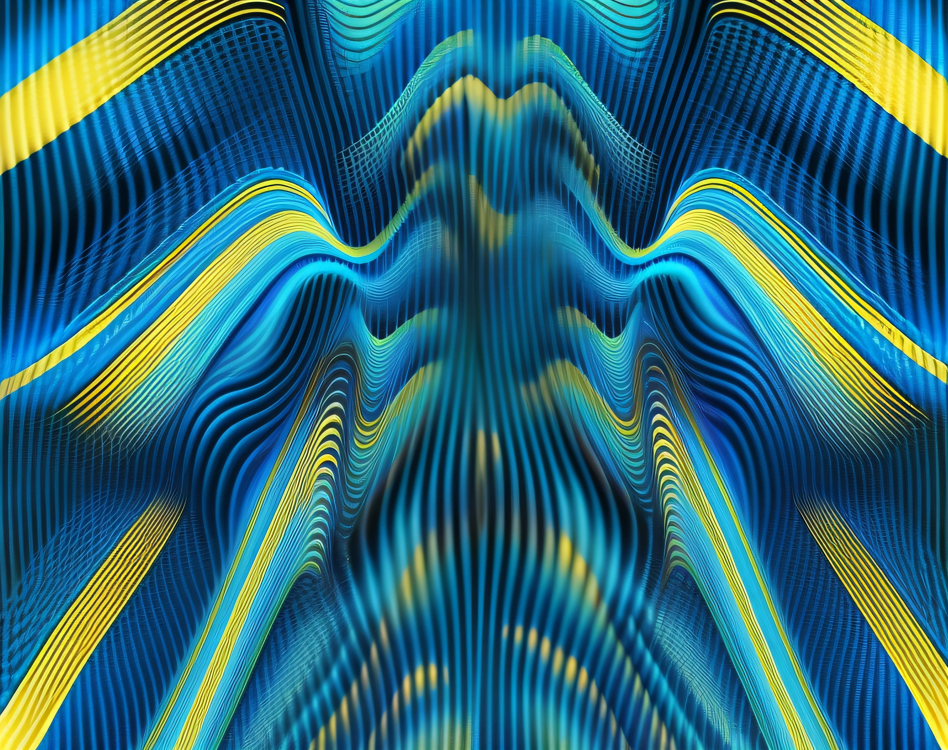 a closeup of a blue and yellow striped pattern, dmt ripples, rippling electromagnetic, lsd ripples, tecido ondulante da realidade, Ondas LSD, Ondas DMT, fundo ondulante abstrato, fractal wave interference, infinite psychedelic waves, Colorful biomorphic opart, Abstract cloth simulation, psychedelic waves, moire, Rippling, optical ripple