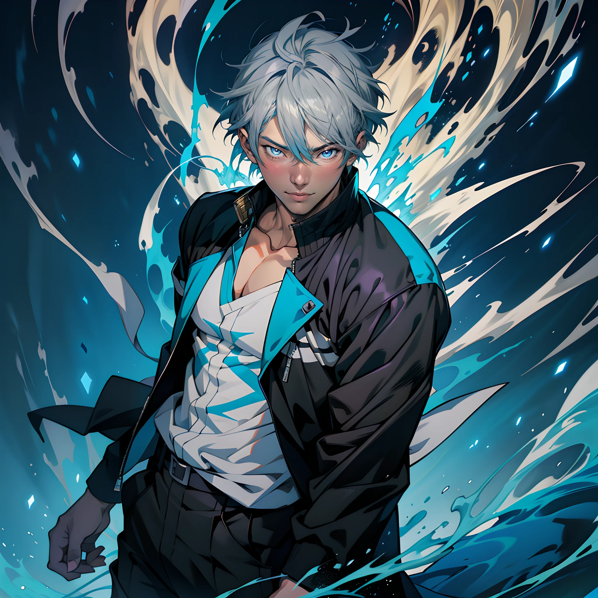 Anime image of a white-haired man wearing a blue flame in a black jacket, Shinkai sincerely, New Xiangcheng, Honest, ryuta ueda artwork, offcial art, Anime handsome man, inspired by Hisui Sugiura, koyoharu gotouge, inspired by Okumura Togyu,