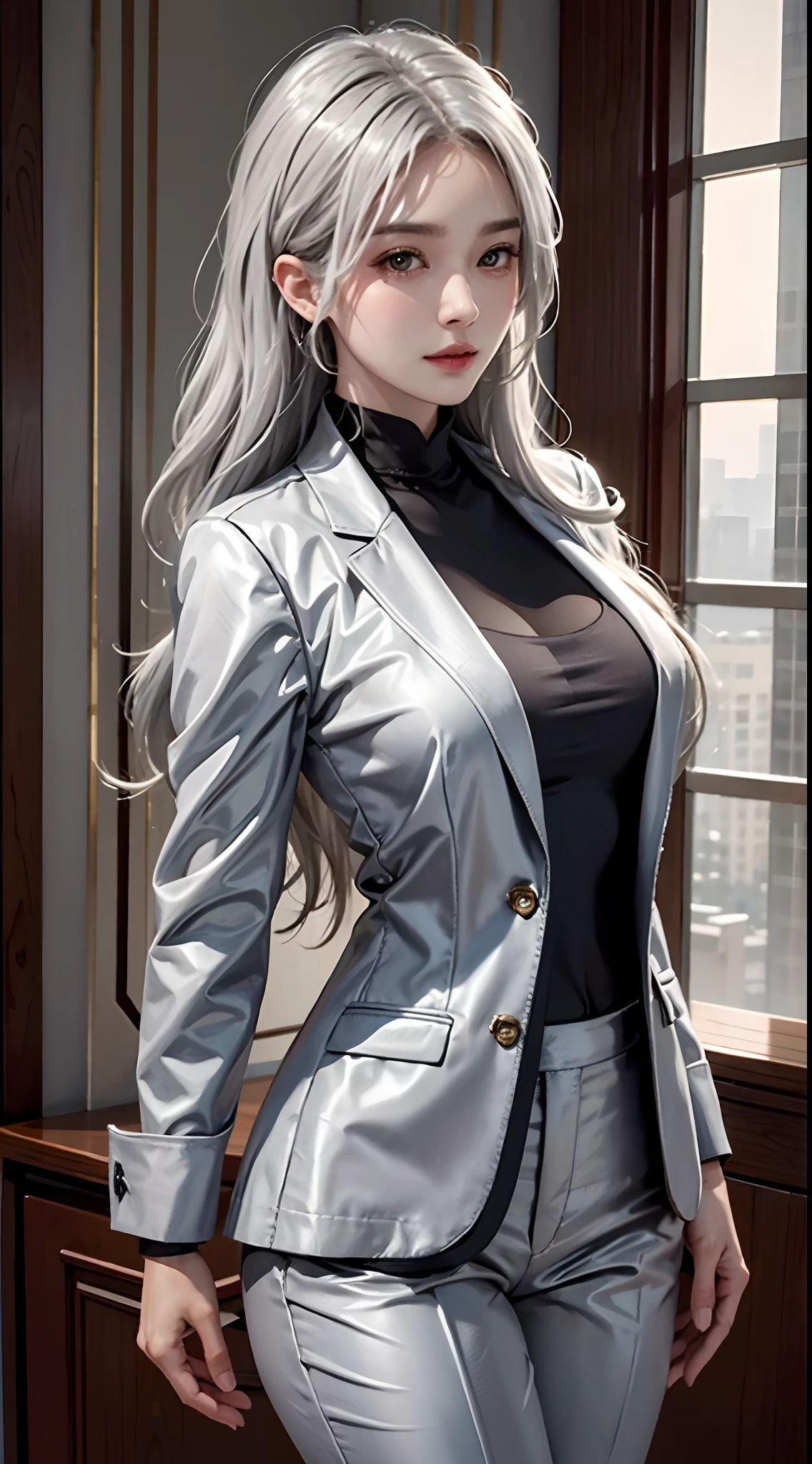 photorealistic, high resolution, soft light,1women, solo, hips up, shining skin, (detailed face),tattoo, jewelry, grey suit, open jacket, office lady, suit, pants, from behind, night, white hair, wavy hair, Beautiful Soldier, Eyes That Invite Viewer, Lover's Perspective, Inviting Expression, Sexy Smile, Perfect Style, Perfect Balance, Detailed Skin, Naughty Gaze, Chest Visible