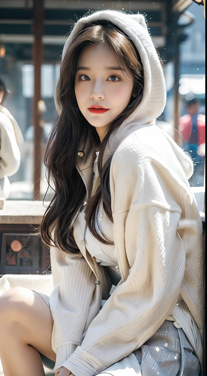 (（best qualtiy，tmasterpiece，超A high resolution）)，（realisticlying：1.4），(Korean star poster-like)，1girll，From head to knee，Dynamic posture，adult face，Slim，(ssmile)，joy，Reflective eyes，（shiny skins），（contours，frontage)，whaite hair，long whitr hair，黑The eye，Top fashion，（（White plush hooded coat）），Beautiful costumes，(Lolita costume)，(short  skirt)，（Real drifting snow：1.5，snow cover，Simple street），(Clear eyes)，(Clear nose)，(Clear lips)，(Fair skin)，(Ultra-realistic textile textures)，cinmatic lighting，35mm，offcial art，Incredibly Ridiculous res，hugefilesize，